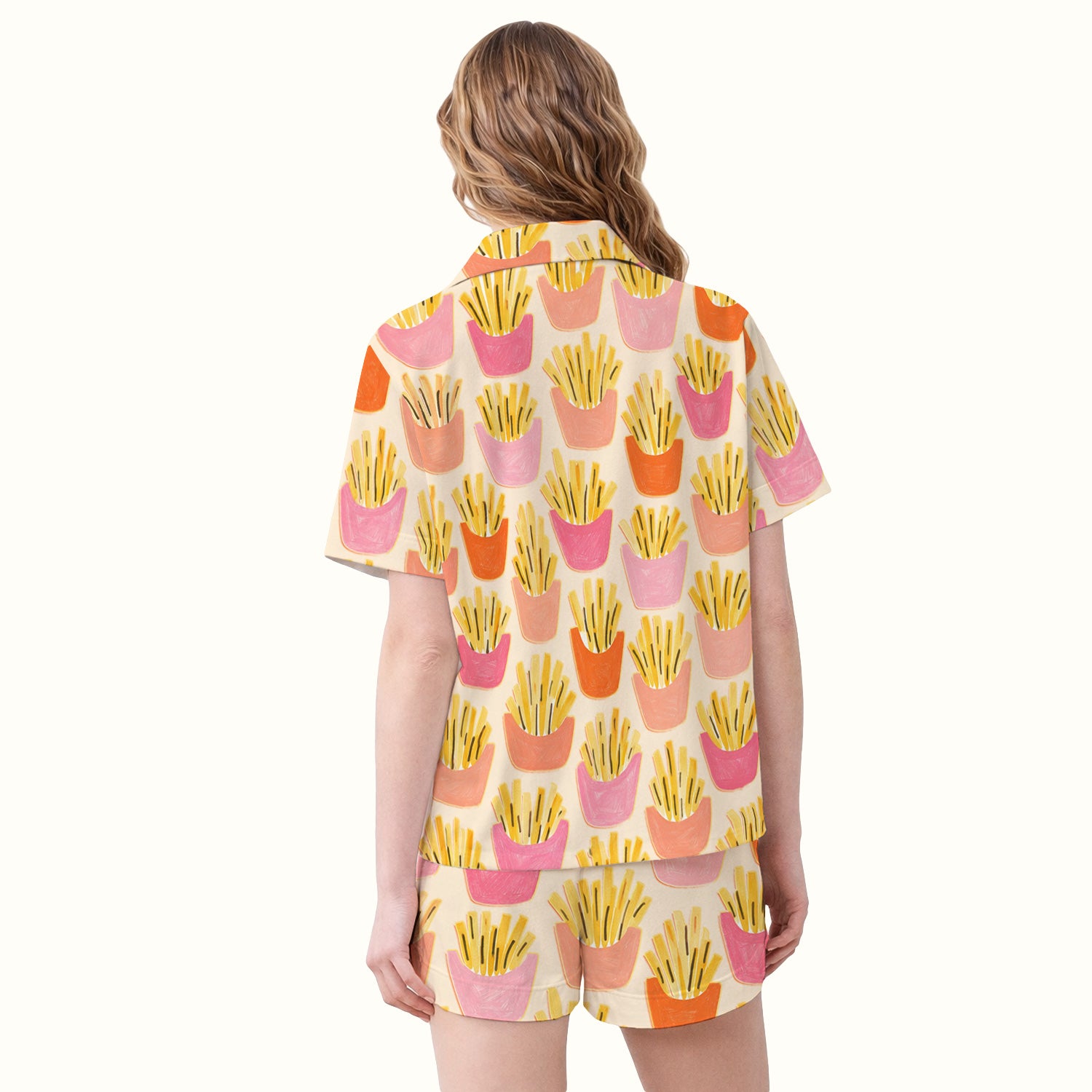 Funny French Fries Snack Food Pattern Pajama Set, Breathable Fabrics Uniform