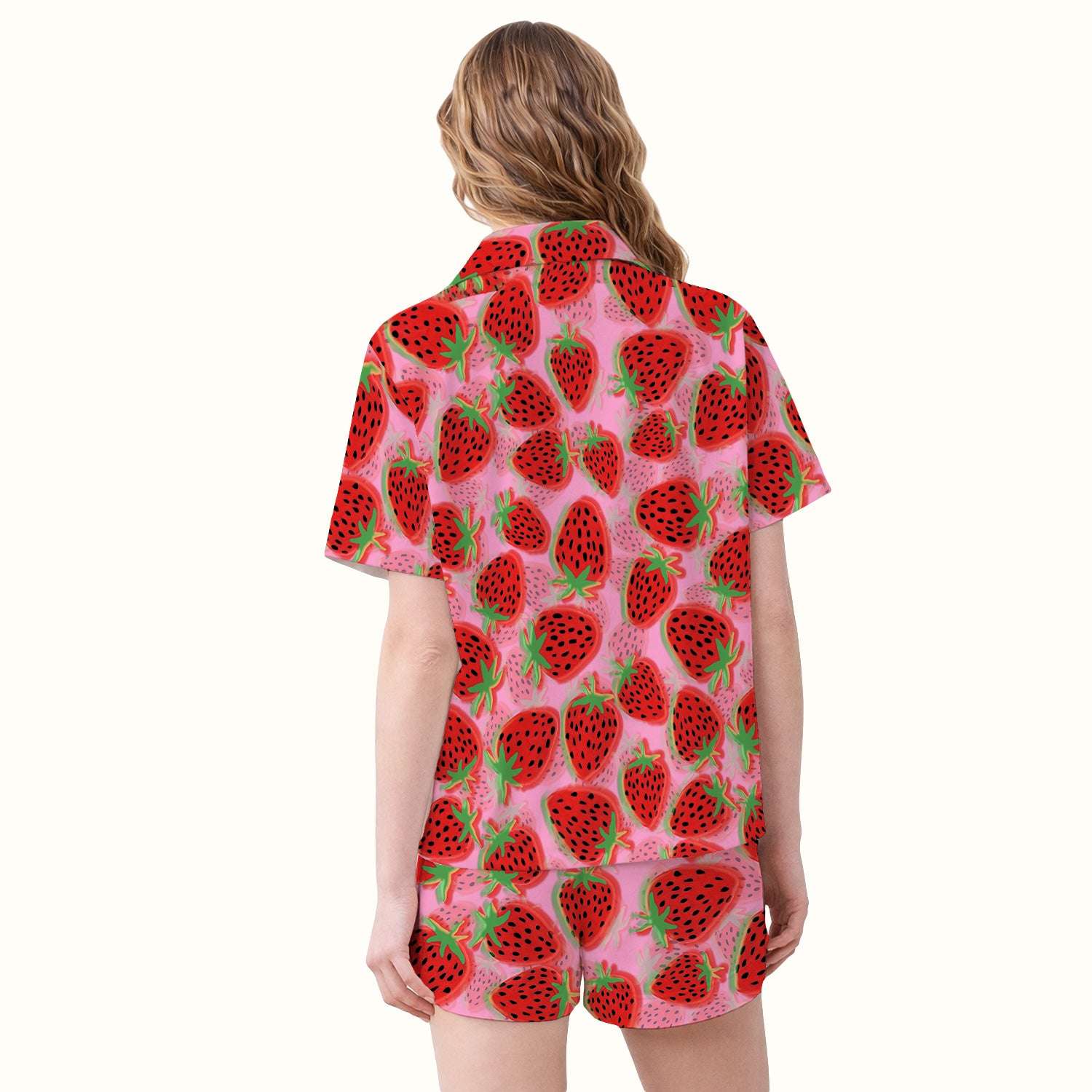Pink Strawberry Pattern Pajama Set, Breathable Fabrics Uniform