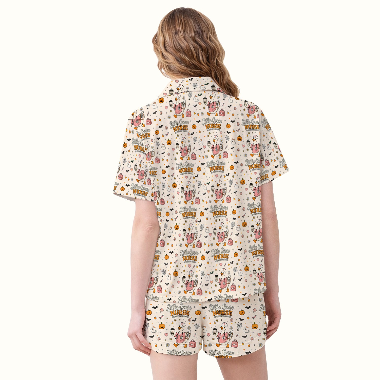 Funny Halloween Silly Goose Pattern Pajama Set, Soft Breathable Fabric Comfortable Sleepwear