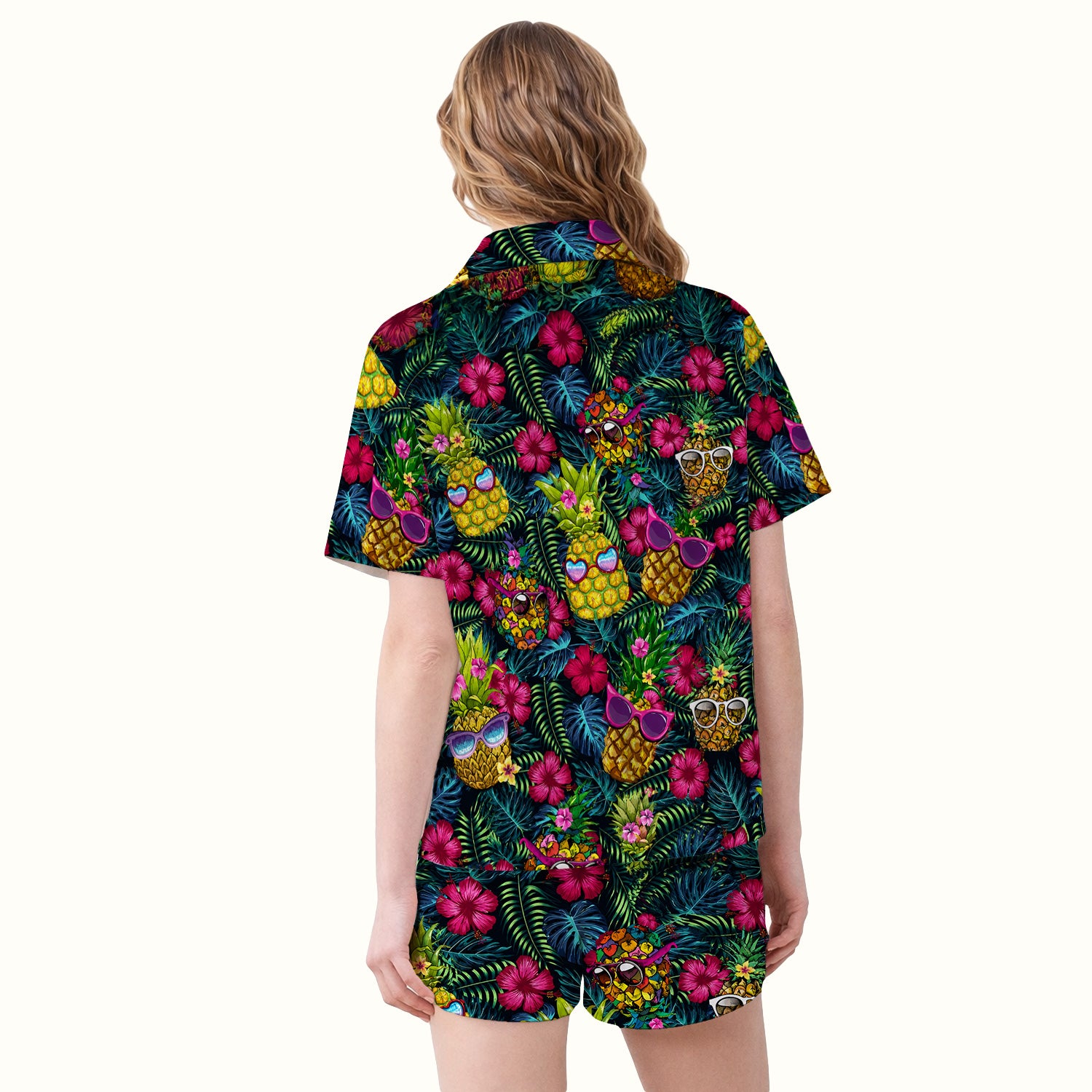 Cute Tropical Pineapple Sunglasses Pattern Pajama Set, Soft Breathable Fabric Comfortable Sleepwear