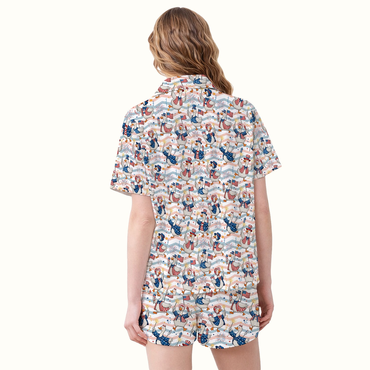 Patriotic Goose Fireworks Parade Pattern Pajama Set, Soft Breathable Fabric Comfortable Sleepwear