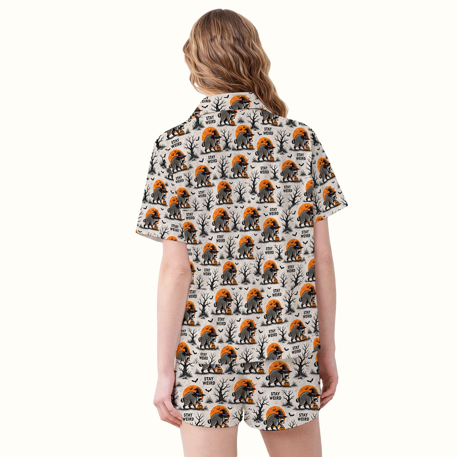 Funny Stay Weird Halloween Raccoon Pajama Set, Soft Breathable Fabric Comfortable Sleepwear