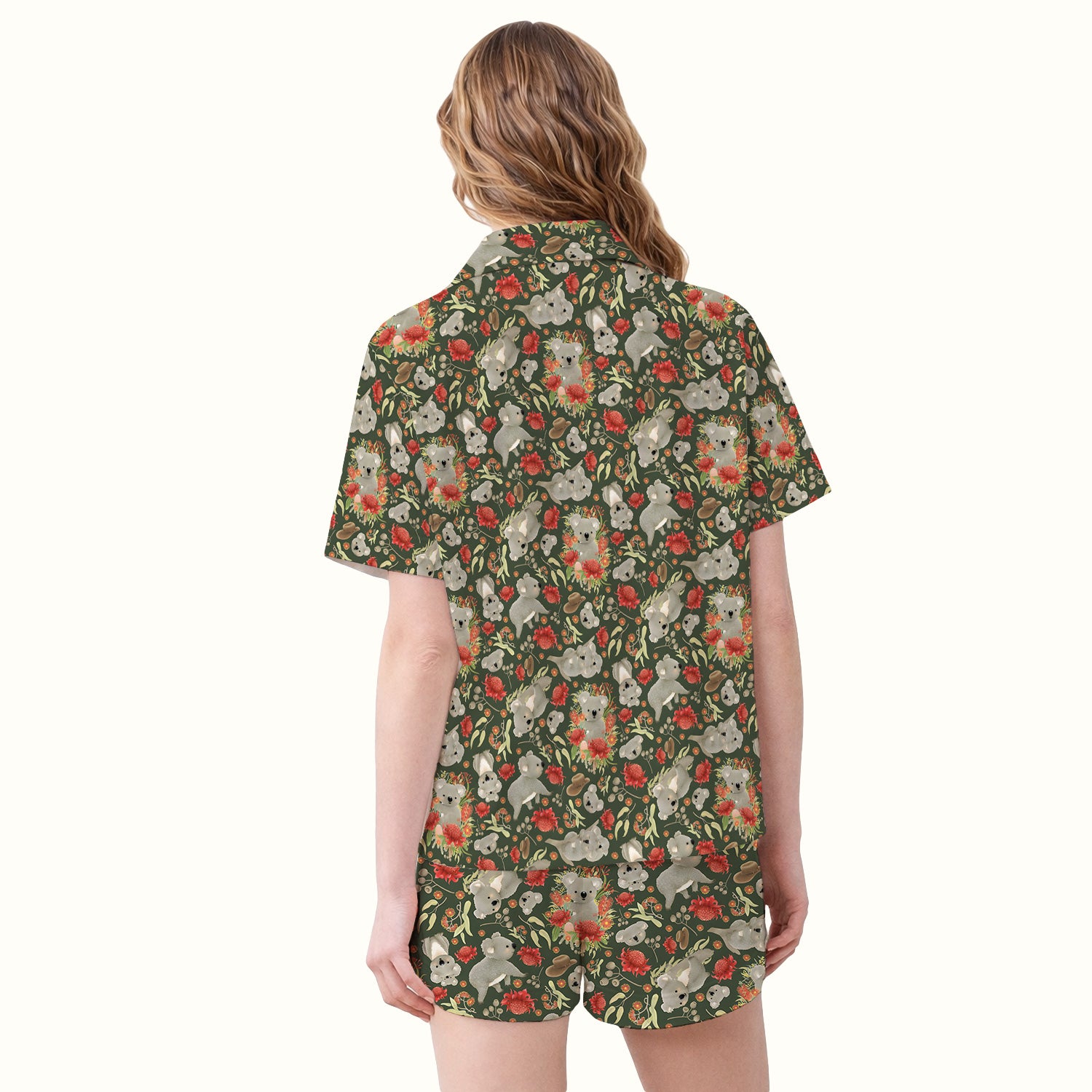 Cute Koala Wildflower Pattern Pajama Set, Soft Breathable Fabric Comfortable Sleepwear