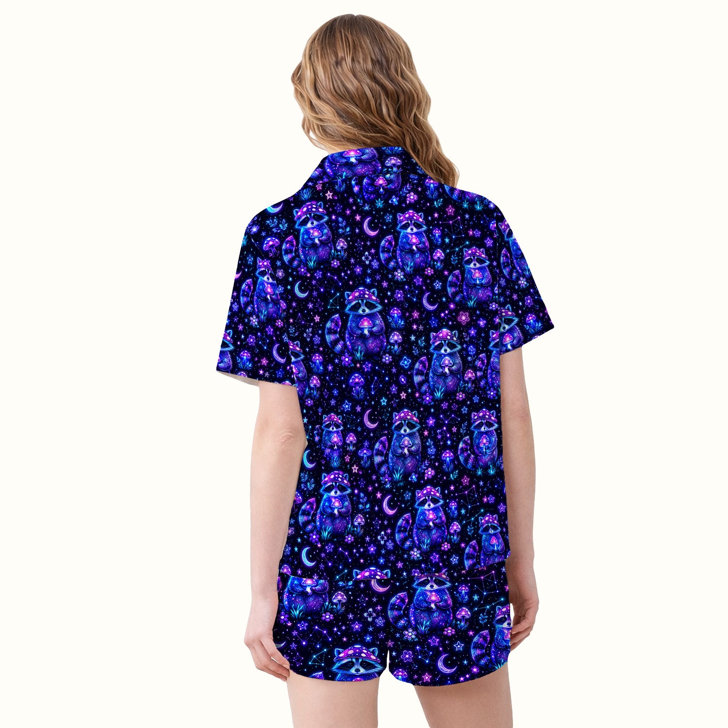 Neon Mushroom Raccoon Nurse Pattern Pajama Set, Soft Breathable Fabric Comfortable Sleepwear