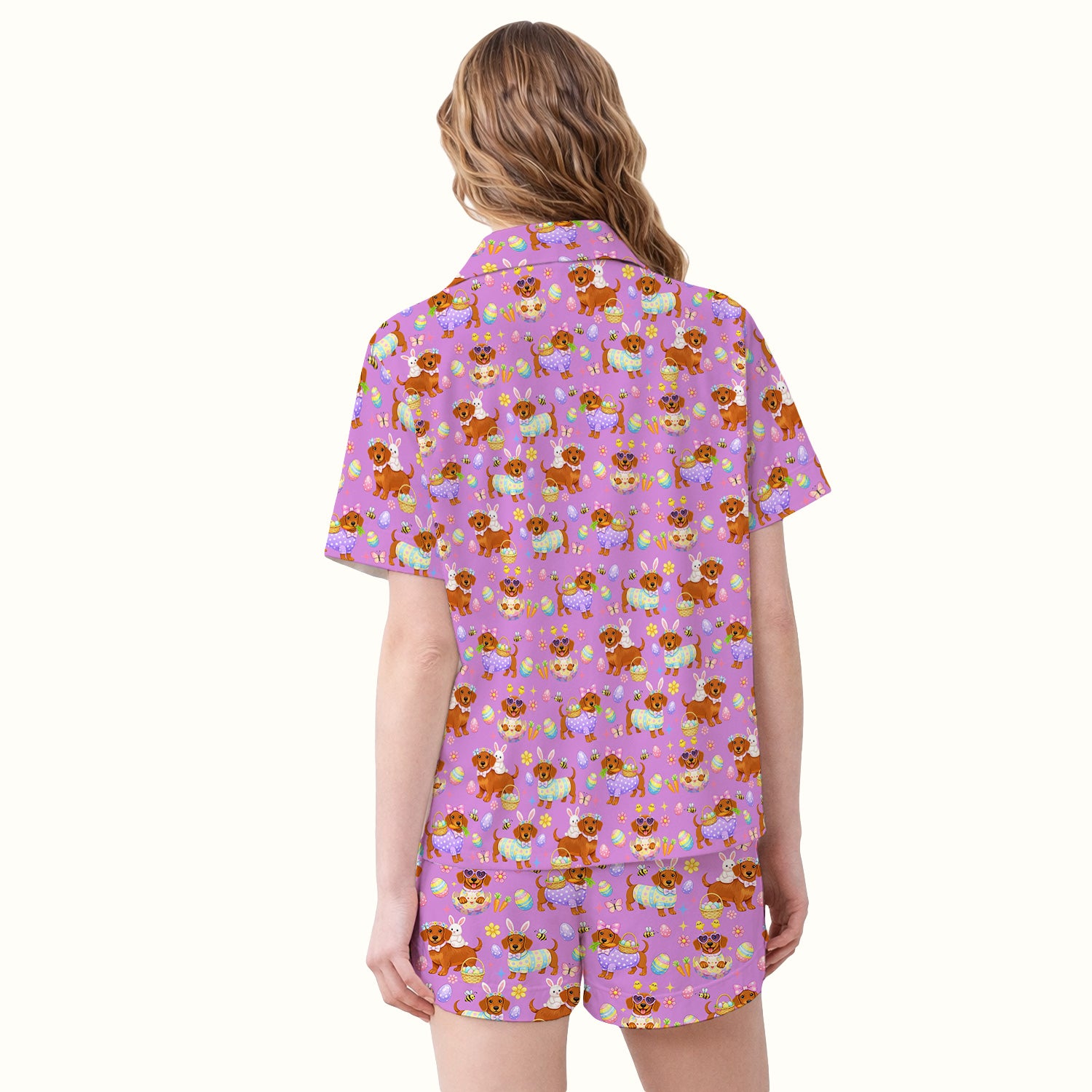 Cute Easter Dachshund Dog Pattern Pajama Set, Breathable Fabrics Uniform