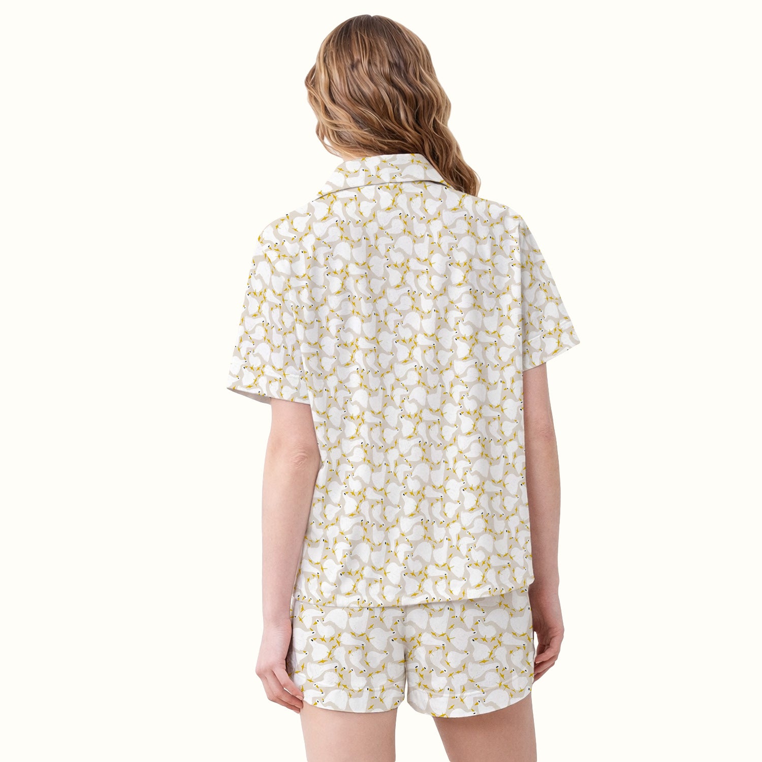Cute White Goose Yellow Star Pattern Pajama Set, Soft Breathable Fabric Comfortable Sleepwear