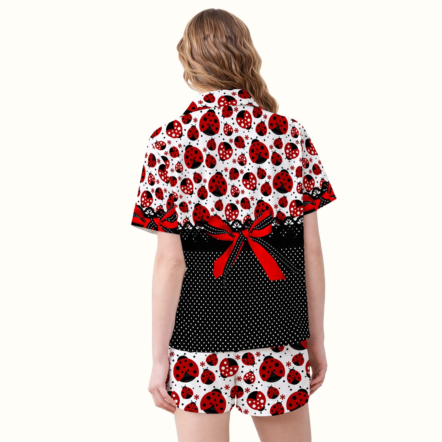 Cute Ladybug Red Ribbon Polka Pattern Pajama Set, Soft Breathable Fabric Comfortable Sleepwear