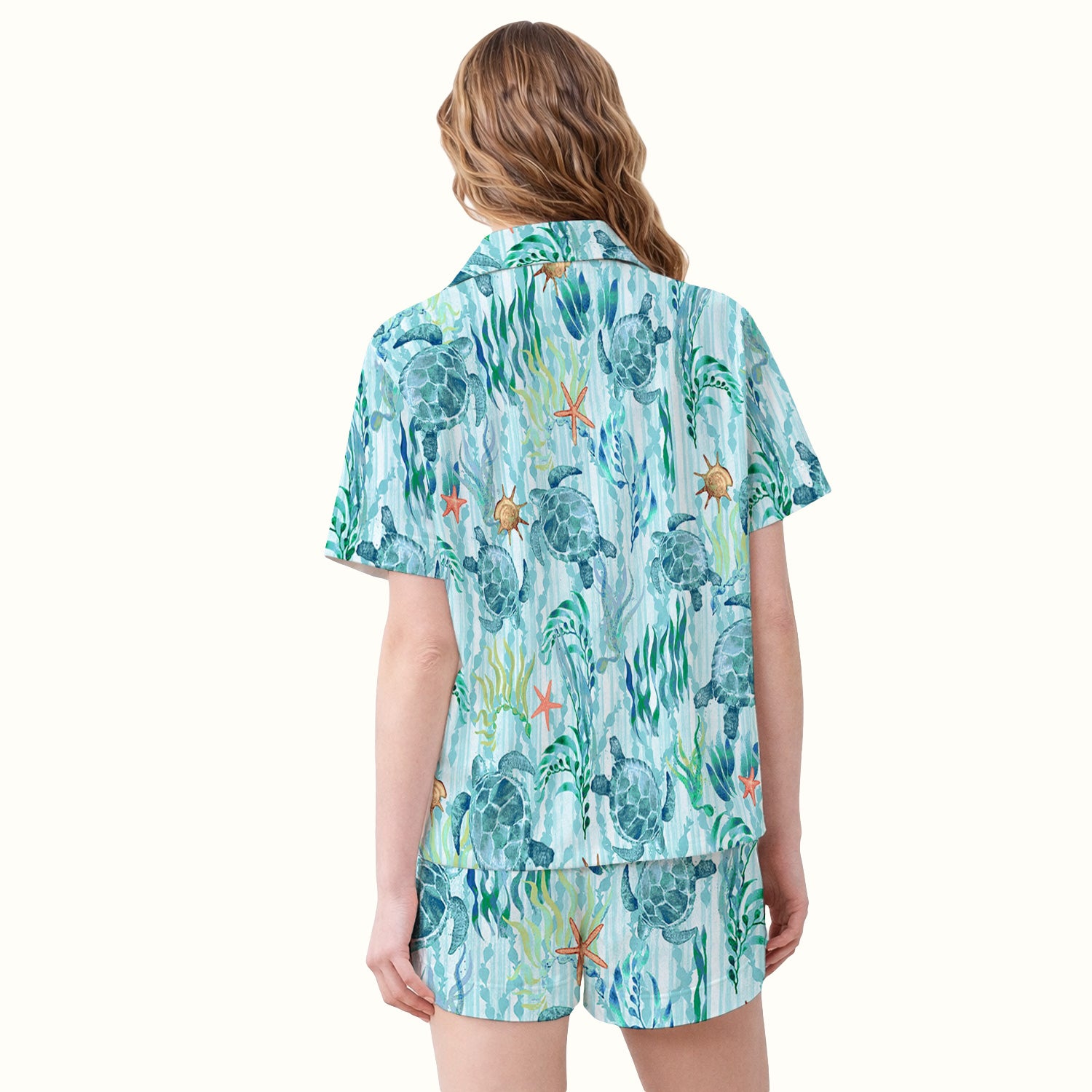 Sea Turtle Ocean Watercolor Print Pajama Set, Soft Breathable Fabric Comfortable Sleepwear