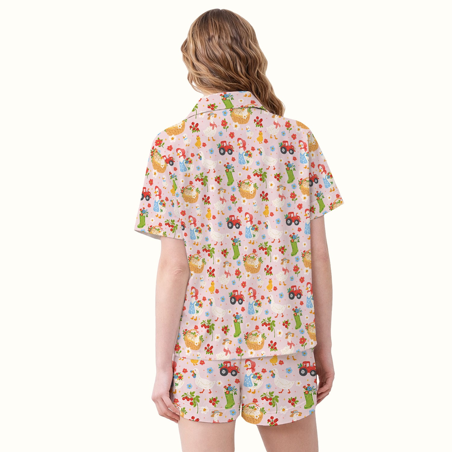 Farm Duck Chicken Tractor Flower Basket Pajama Set, Breathable Fabrics Uniform