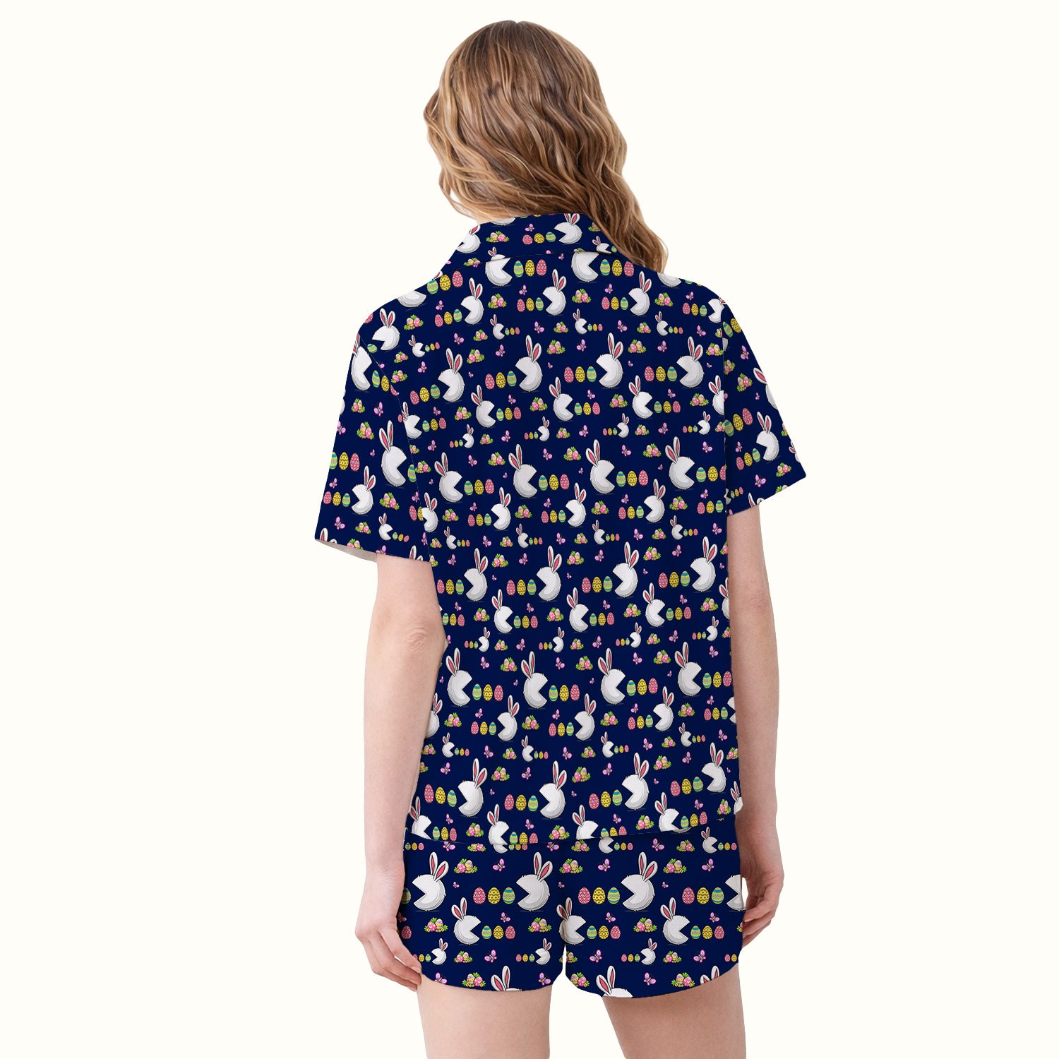 Easter Bunny and Colorful Eggs Print  Pajama Set, Breathable Fabrics Uniform