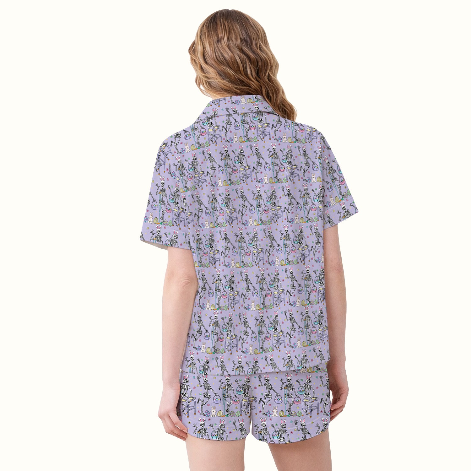 Fun Skeleton Bunny Easter Print Pajama Set, Breathable Fabrics Uniform