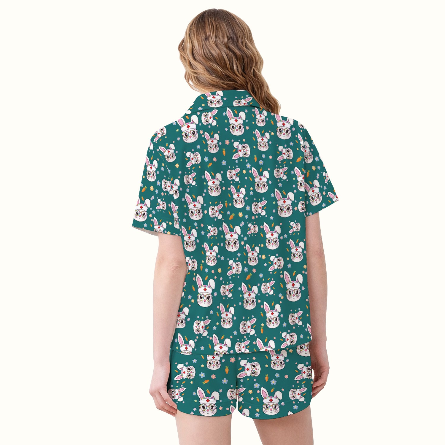 Cute Easter Bunny Nurse Pattern Pajama Set, Soft Breathable Fabric Comfortable Sleepwear