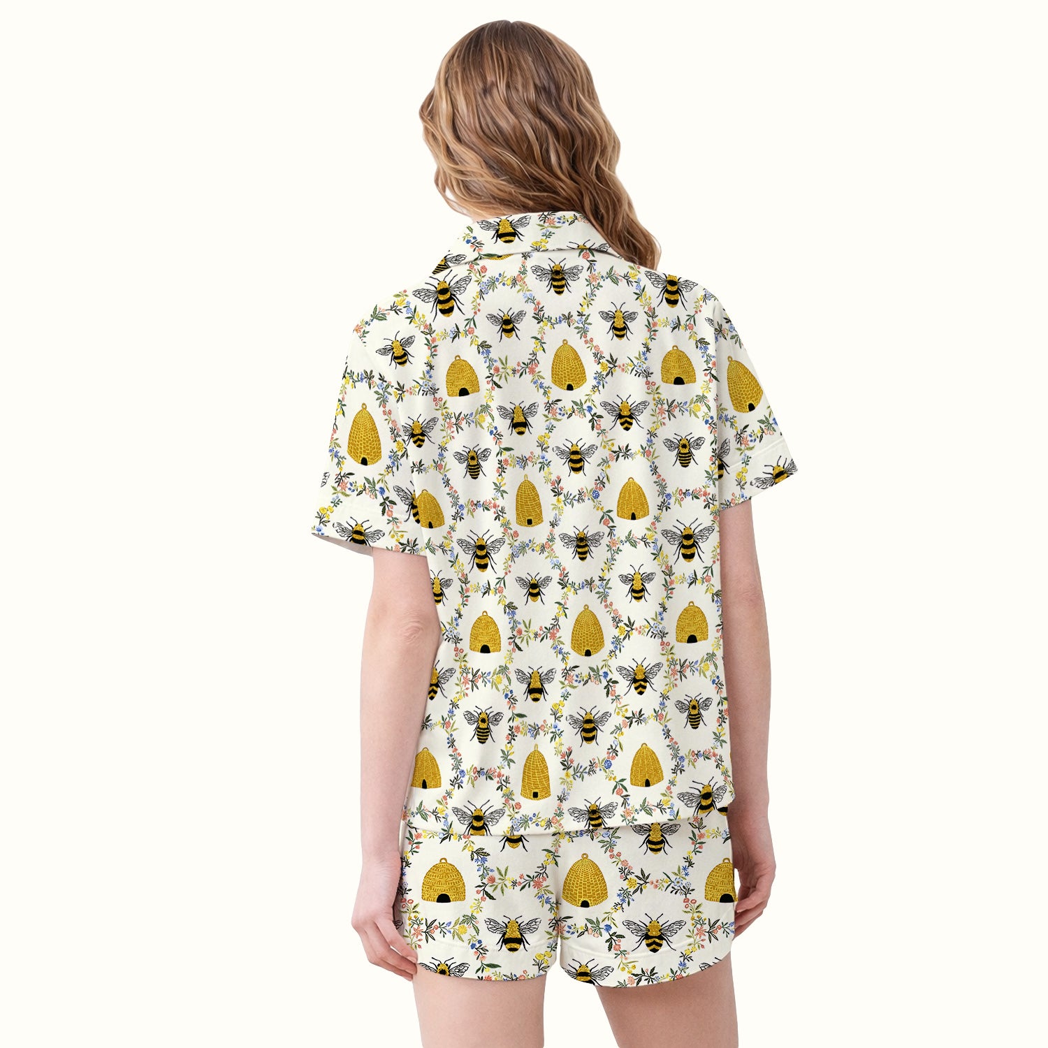 Honey Bee Beehive Floral Print Pajama Set, Soft Breathable Fabric Comfortable Sleepwear
