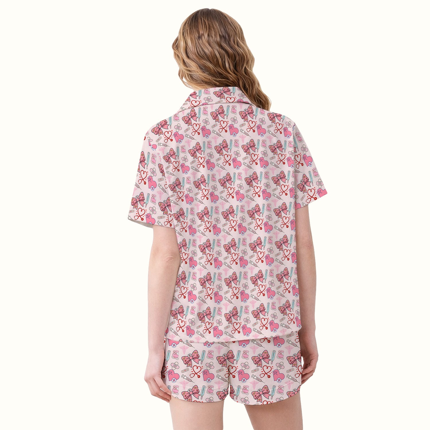 Pink Nurse Bow Heart Print Pajama Set, Soft Breathable Fabric Comfortable Sleepwear