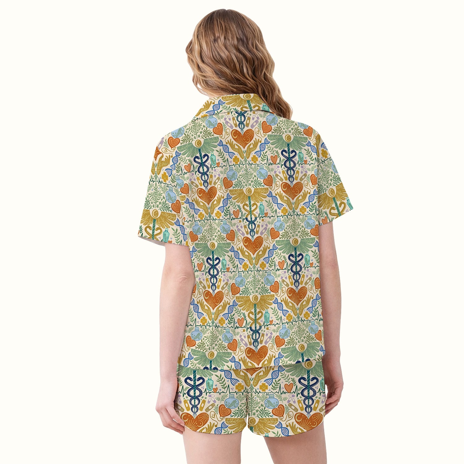Inspirational Botanical Medical Caduceus Heart Nurse Pattern Pajama Set, Breathable Fabrics Uniform