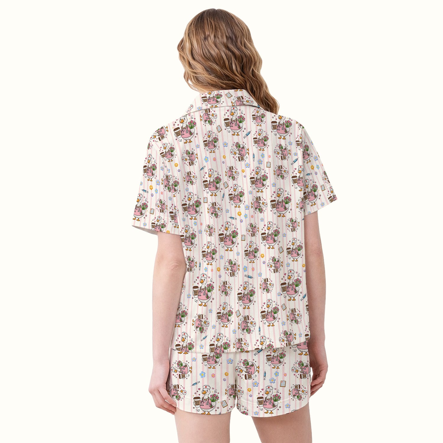 Cartoon Nurse Goose Pattern Pajama Set, Soft Breathable Fabric Comfortable Sleepwear