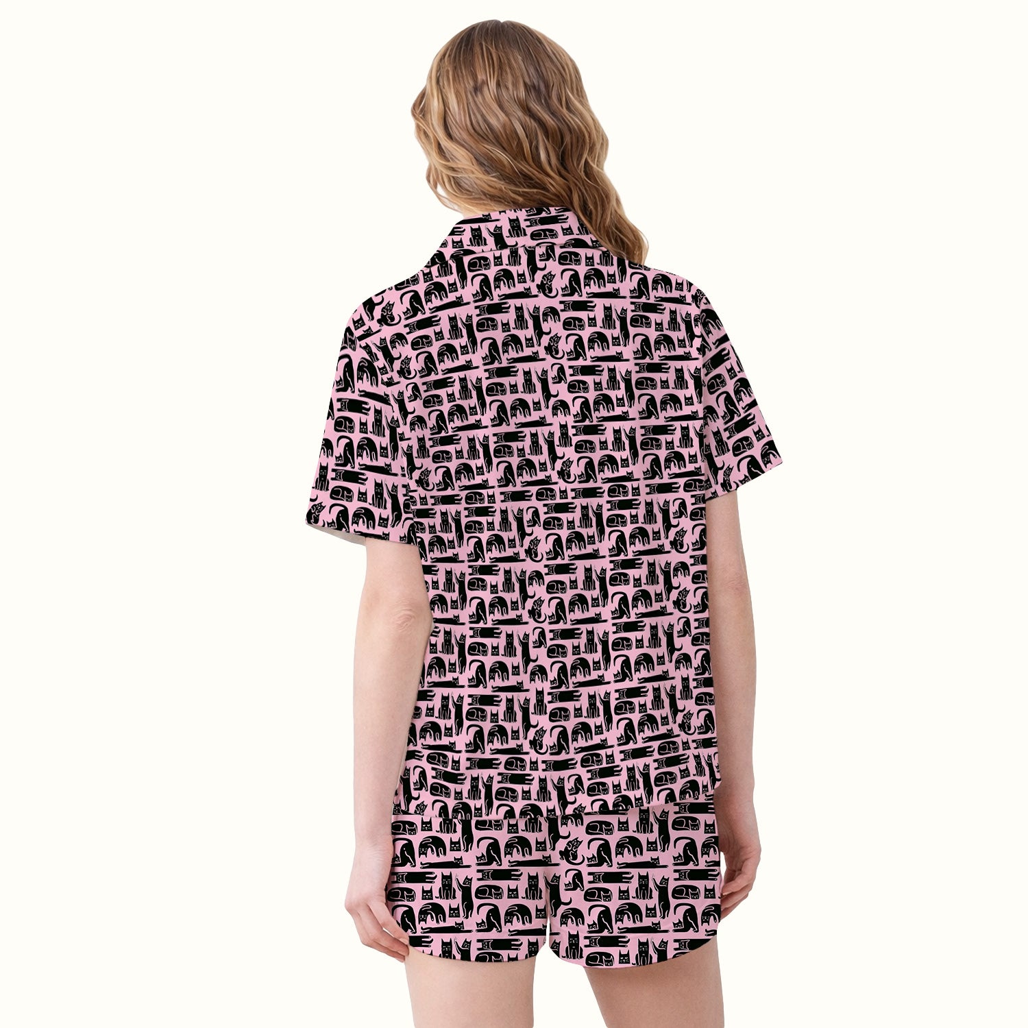 Cute Funny Cat Poses Print Pajama Set, Breathable Fabrics Uniform
