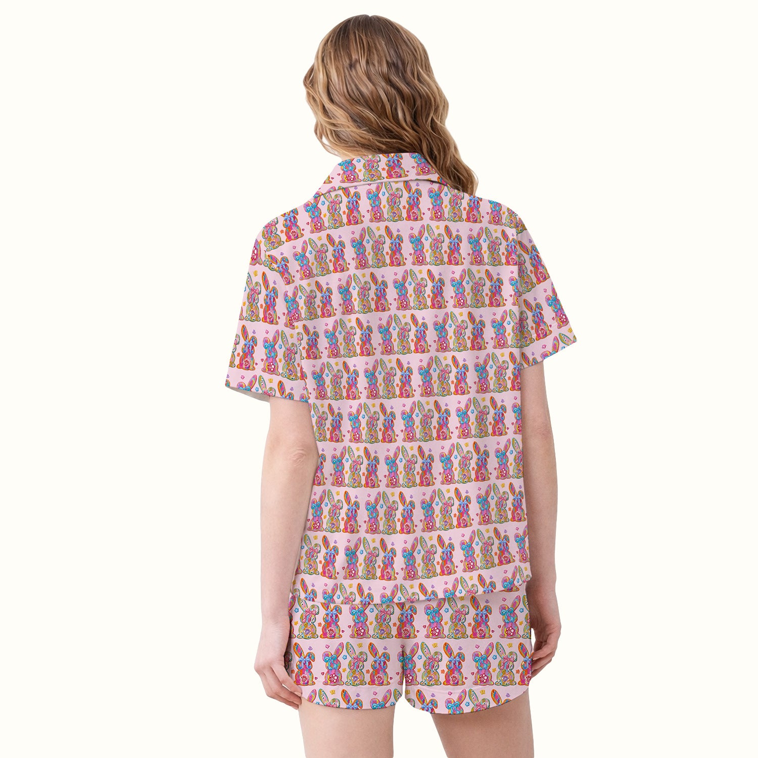 Cute Pastel Bunny Floral Pattern Pajama Set, Breathable Fabrics Uniform