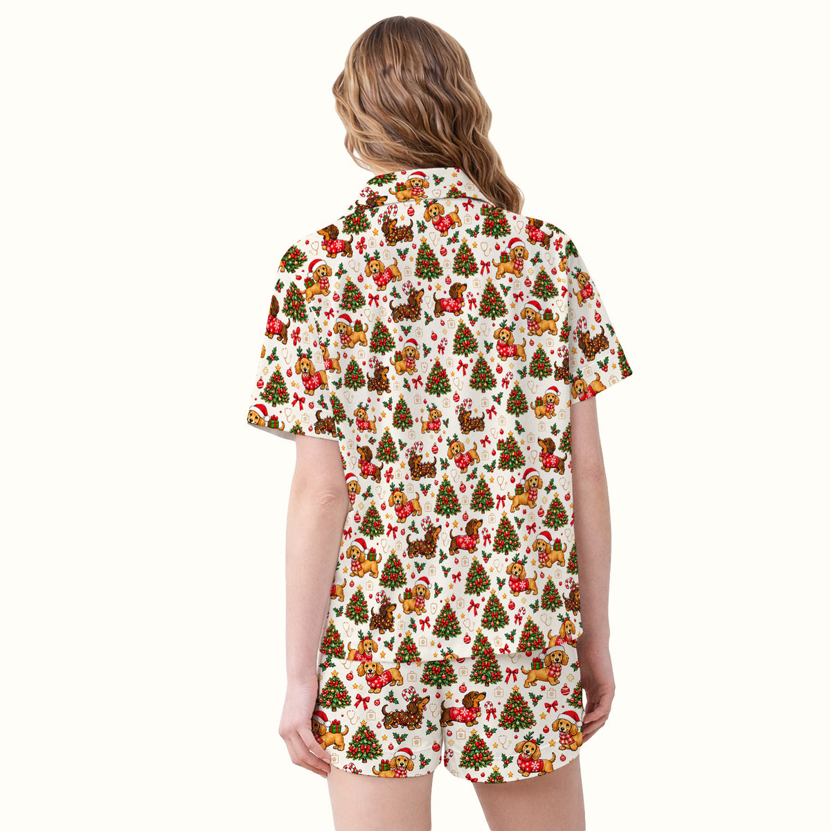 Cute Christmas Dachshund And Tree Pattern Pajama Set, Soft Breathable Fabric Comfortable Sleepwear