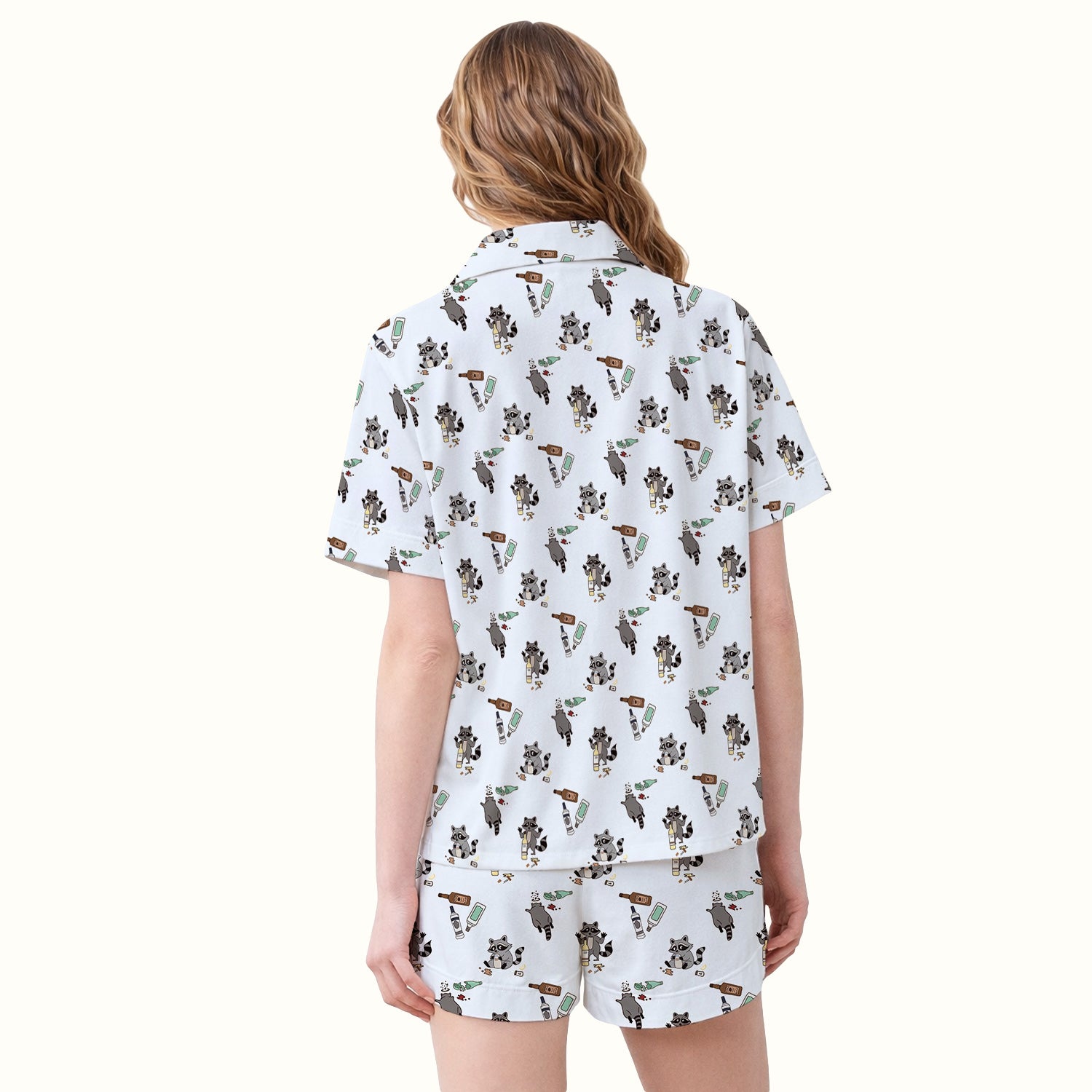 Messy Drunk Raccoon Pattern Pajama Set, Soft Breathable Fabric Comfortable Sleepwear
