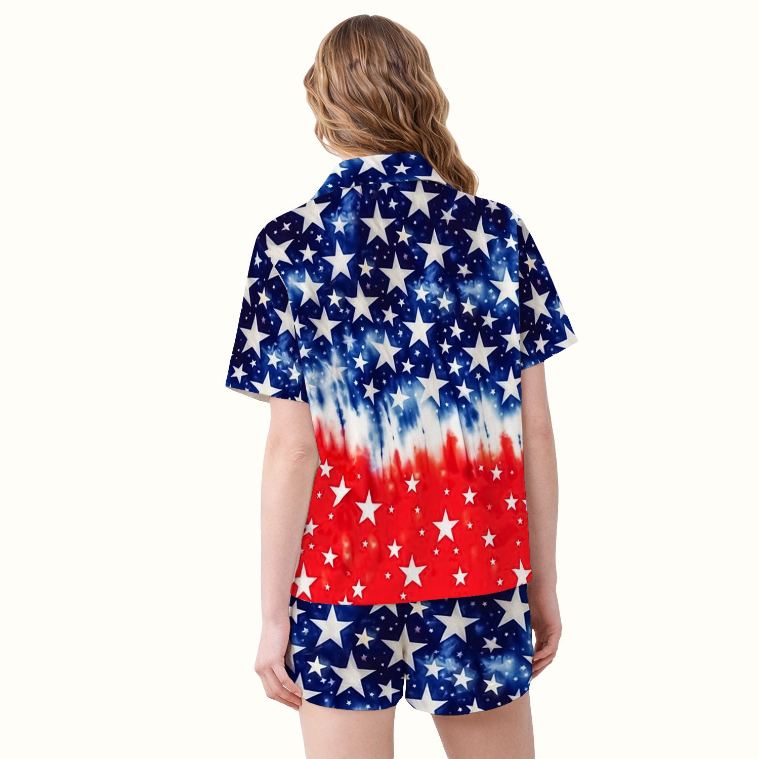 Patriotic Stars Tie Dye Pattern Pajama Set, Soft Breathable Fabric Comfortable Sleepwear