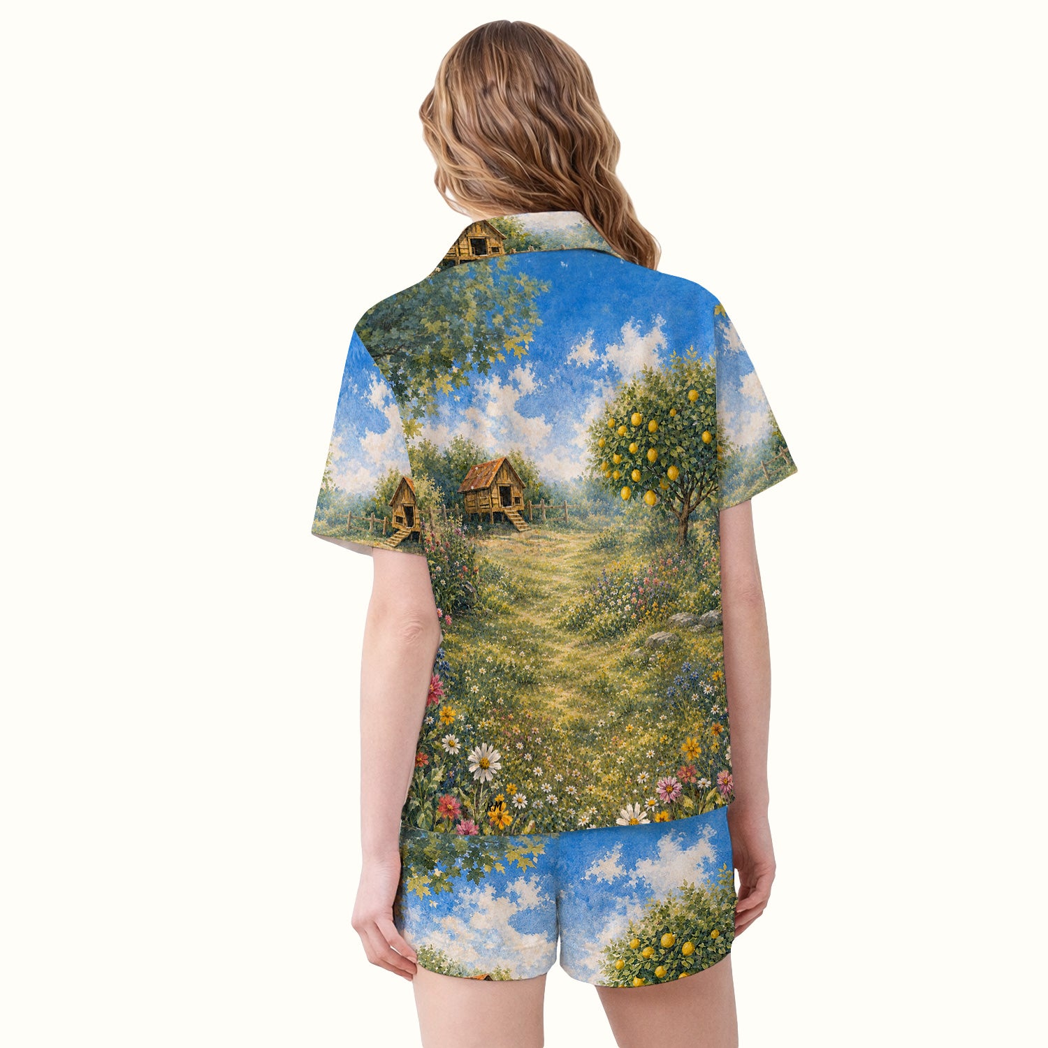 Adorable Raccoon Family Garden Pattern Pajama Set, Soft Breathable Fabric Comfortable Sleepwear