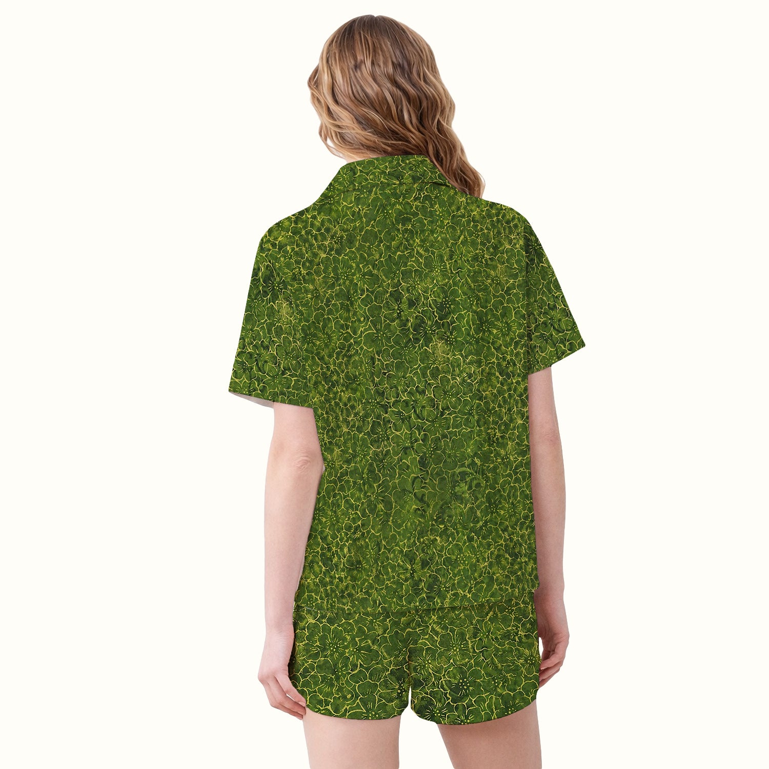Green Floral Blossom Pattern Pajama Set, Soft Breathable Fabric Comfortable Sleepwear