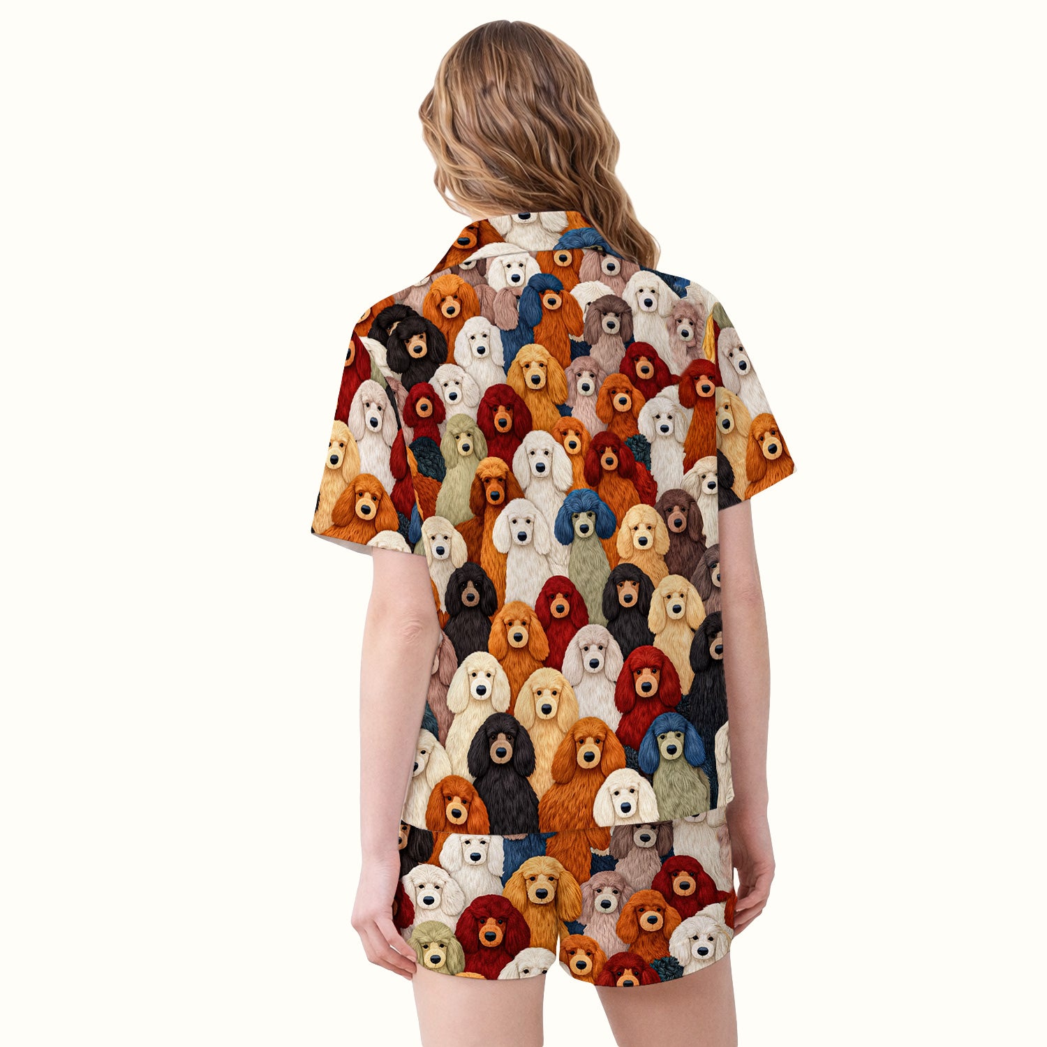 Multicolor Poodle Dog Pattern Pajama Set, Breathable Fabrics Uniform
