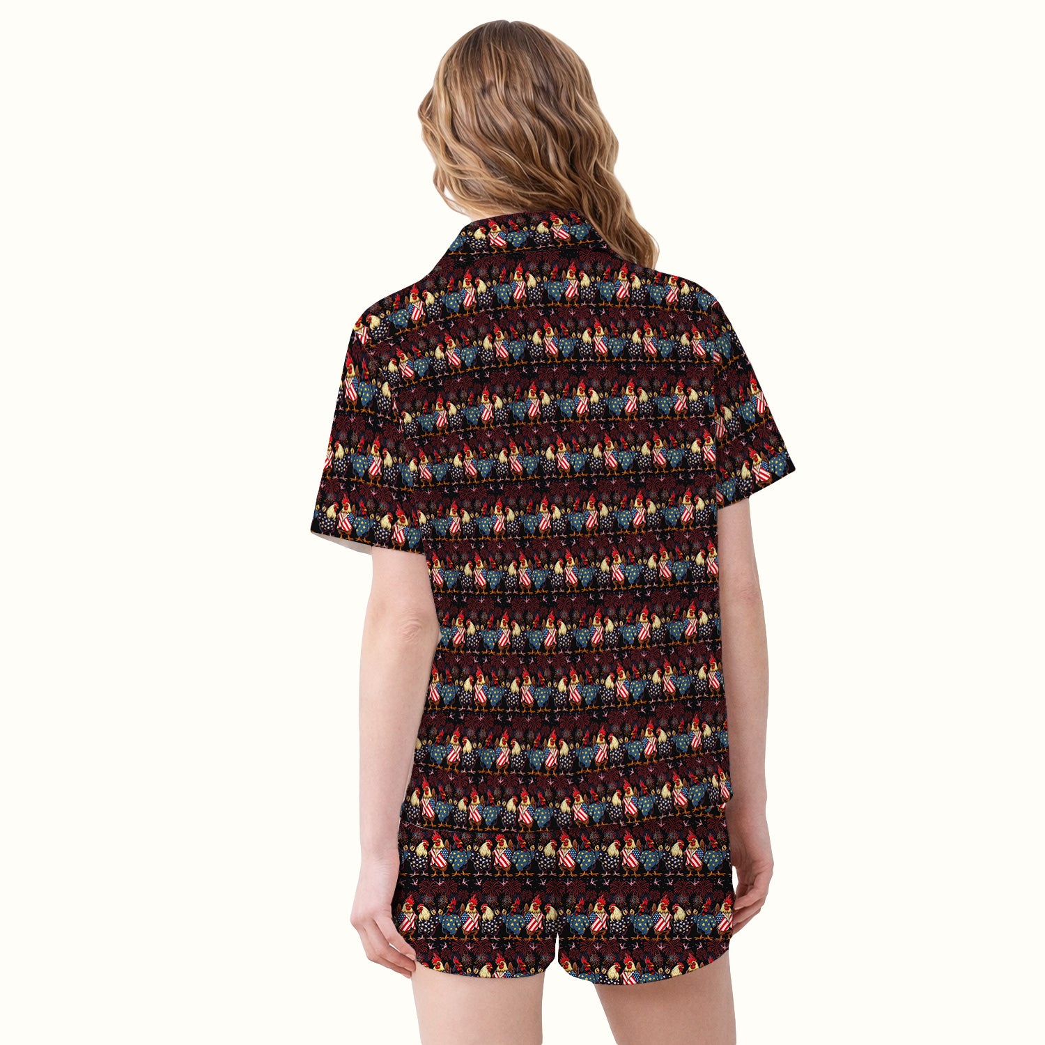 Patriotic Rooster Fireworks Pattern Pajama Set, Breathable Fabrics Uniform