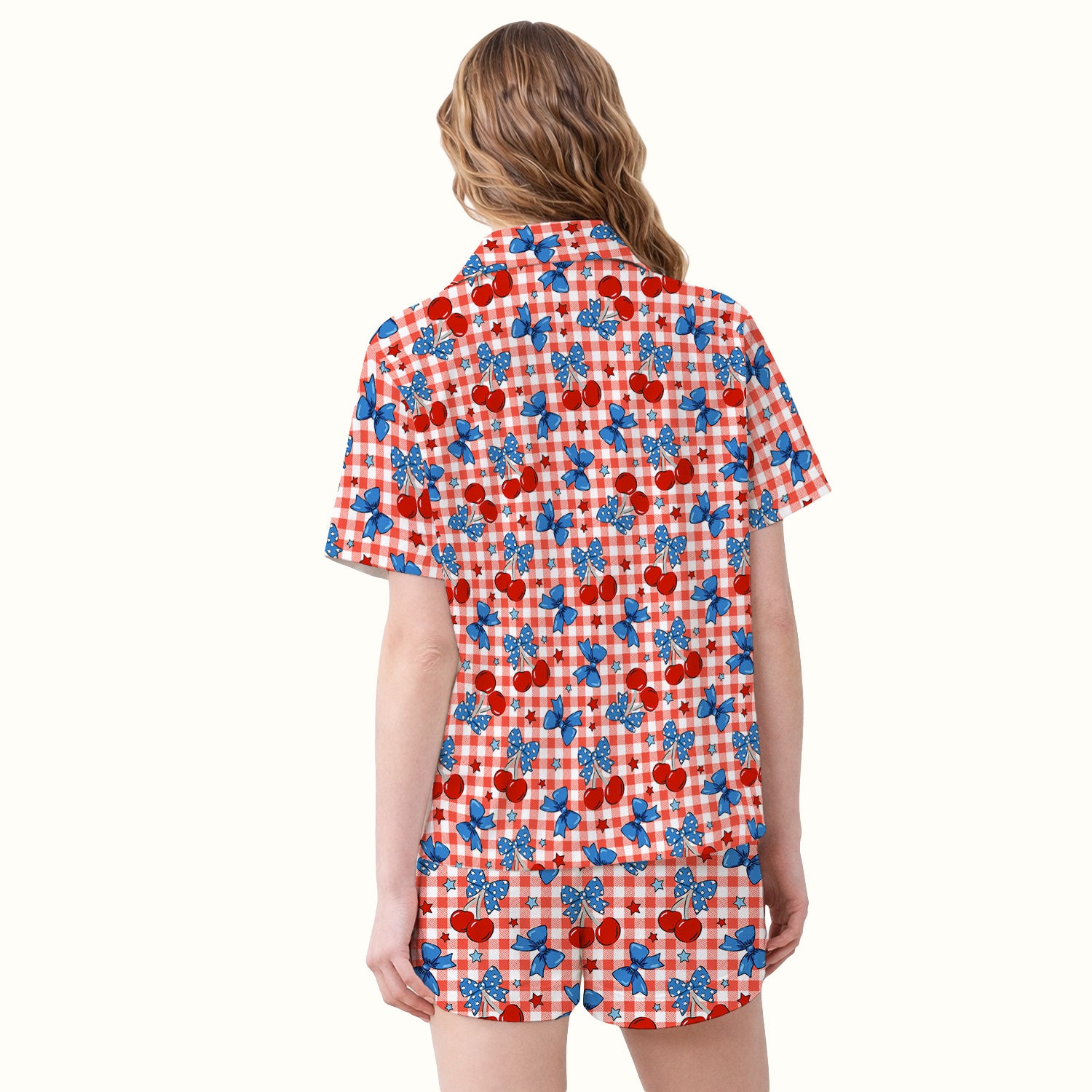 Cute Patriotic Cherry Bow Checkered Pattern Pajama Set, Soft Breathable Fabric Comfortable Sleepwear
