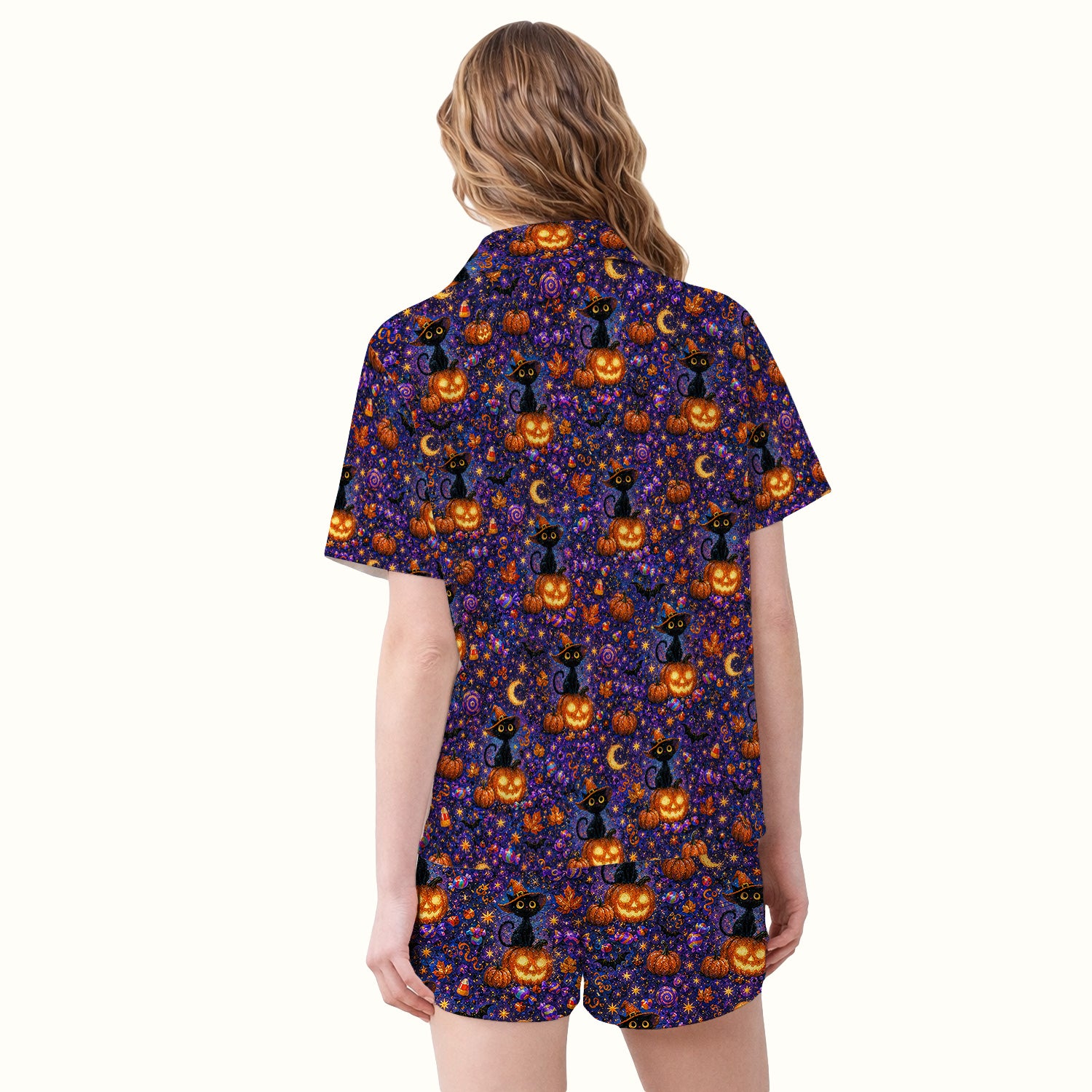 Mystical Halloween Witch Cat Pajama Set, Soft Breathable Fabric Comfortable Sleepwear