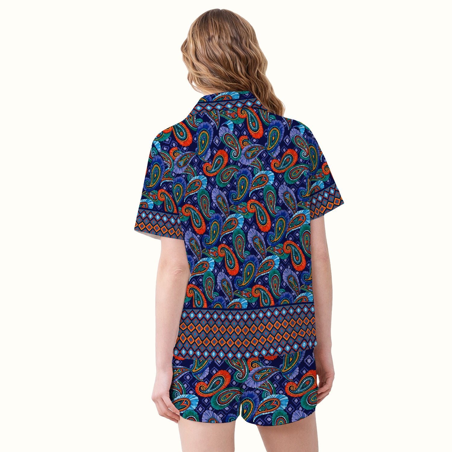 Colorful Paisley Geometric Border Pattern Pajama Set, Soft Breathable Fabric Comfortable Sleepwear