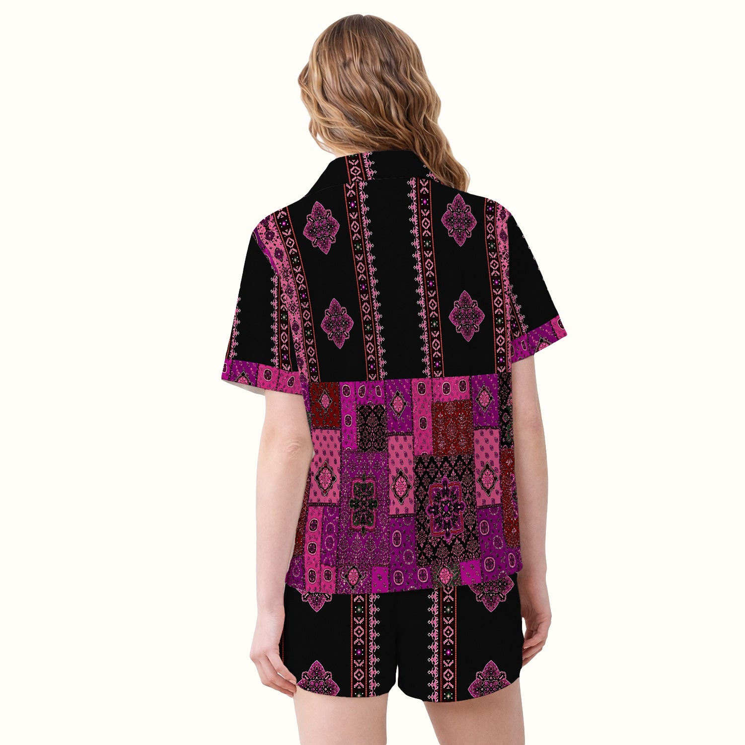 Boho Pink Bandana Patchwork Pattern Pajama Set, Soft Breathable Fabric Comfortable Sleepwear