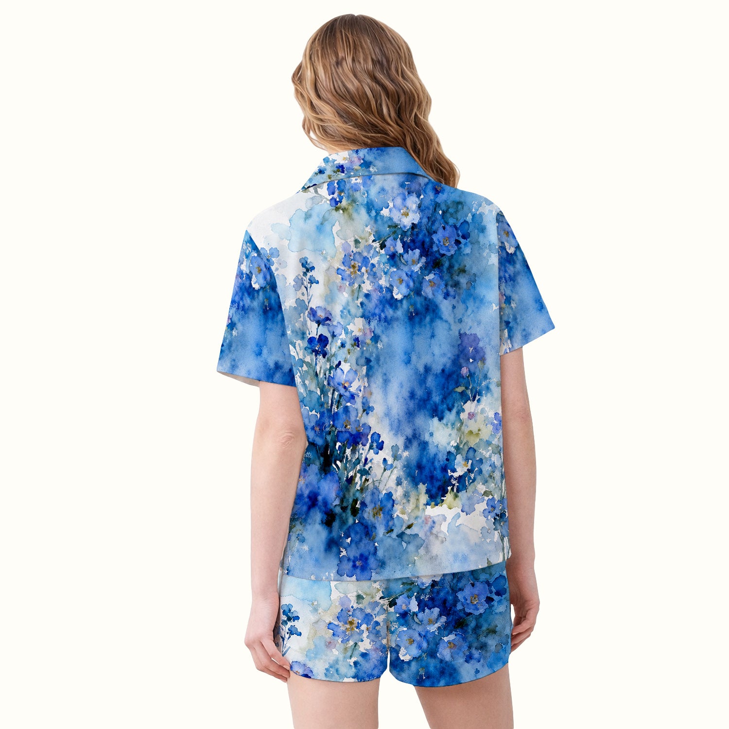 Adorable Blue Floral White Cat Pattern Pajama Set, Soft Breathable Fabric Comfortable Sleepwear