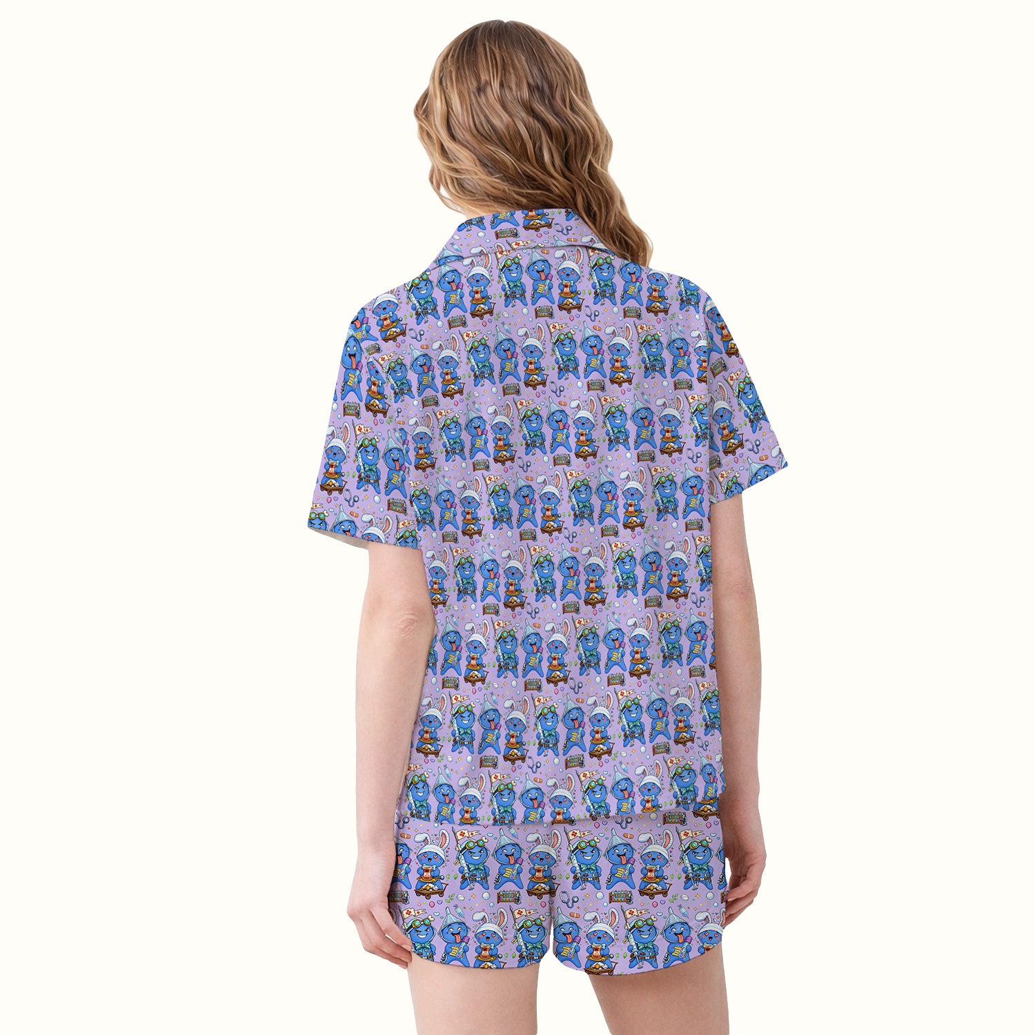 Cute Glove Doll Hospital Medical Cartoon Nurse Pattern Pajama Set, Breathable Fabrics Uniform