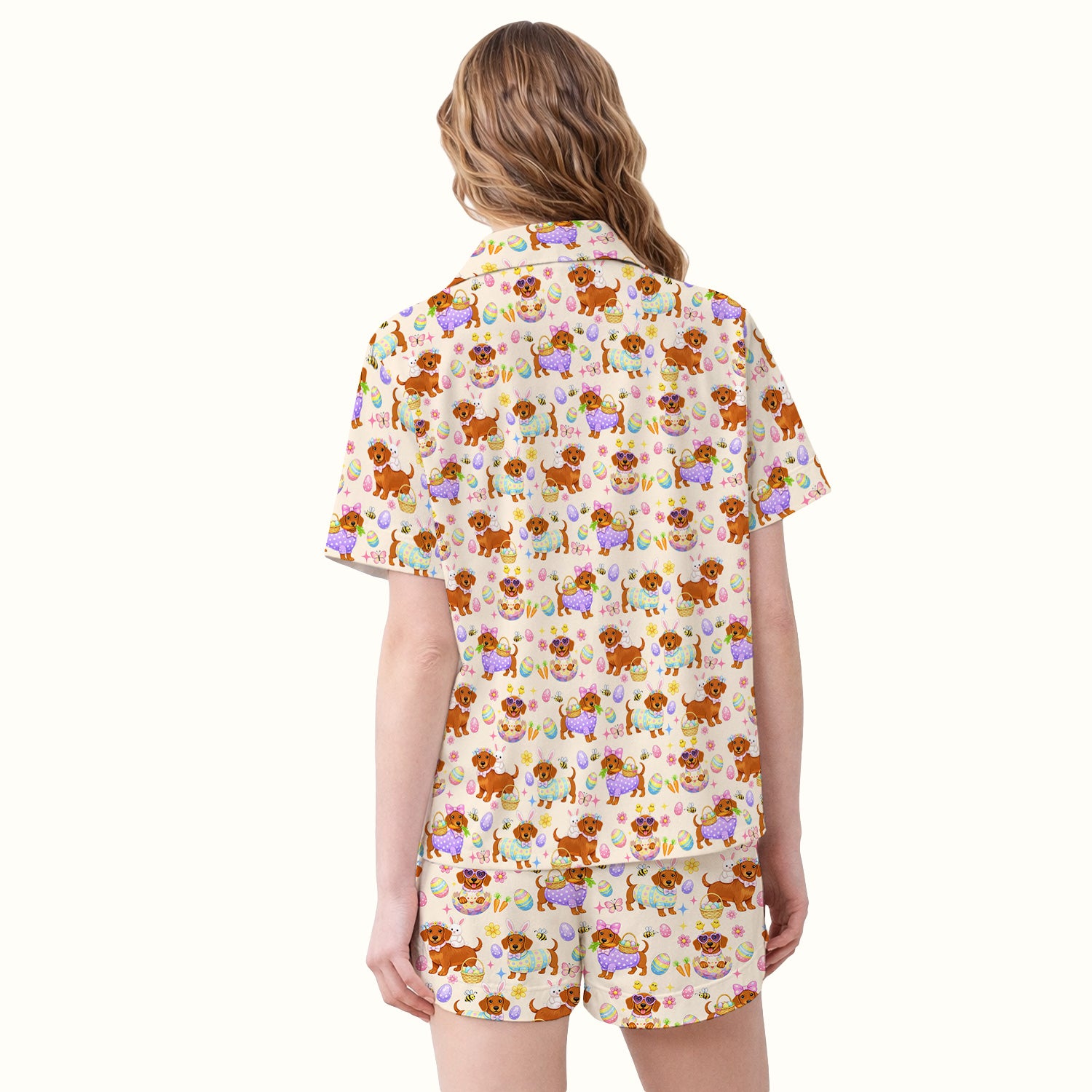 Cute Easter Dachshund Dog Pattern Pajama Set, Breathable Fabrics Uniform