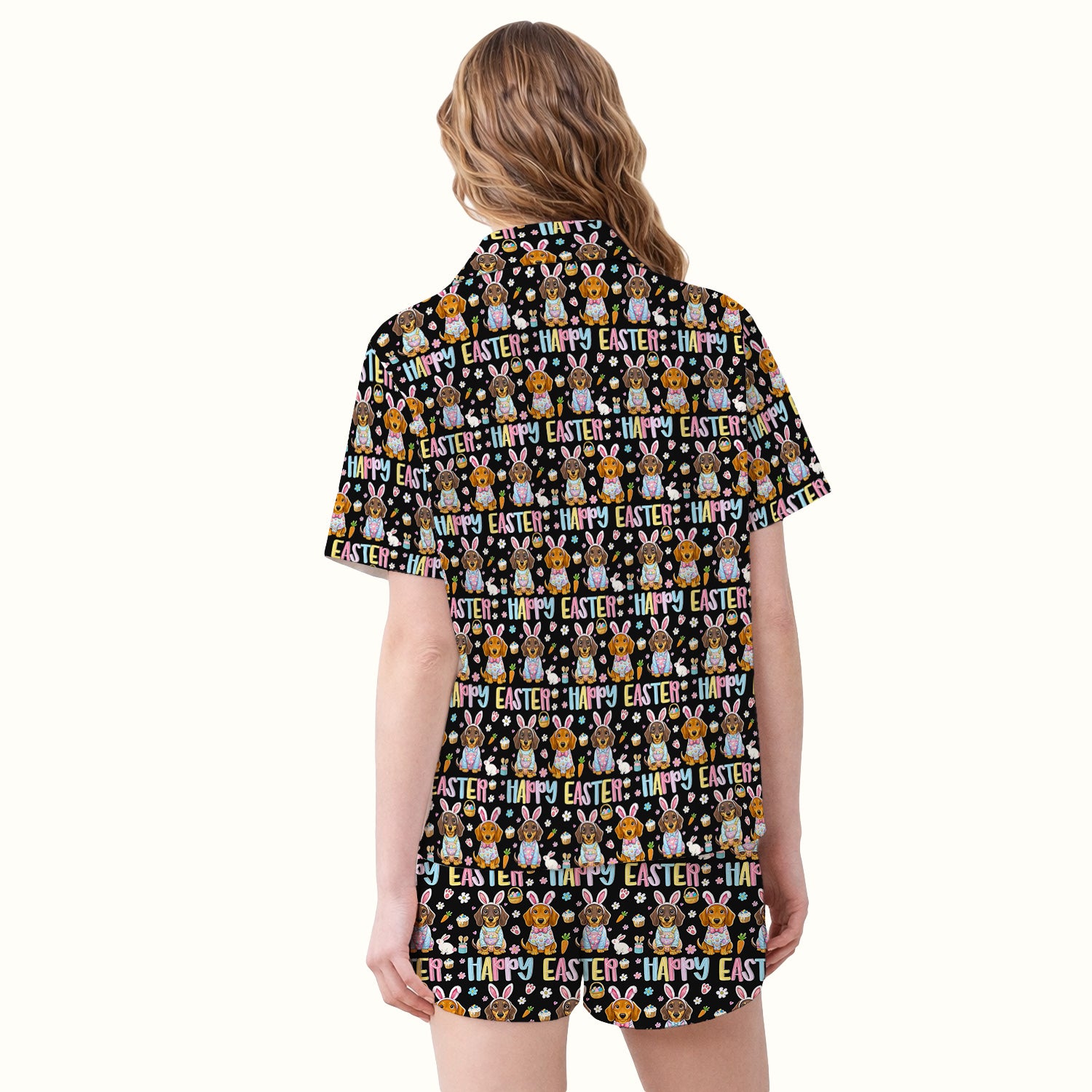 Happy Easter Dachshund Bunny Print Pajama Set, Breathable Fabrics Uniform