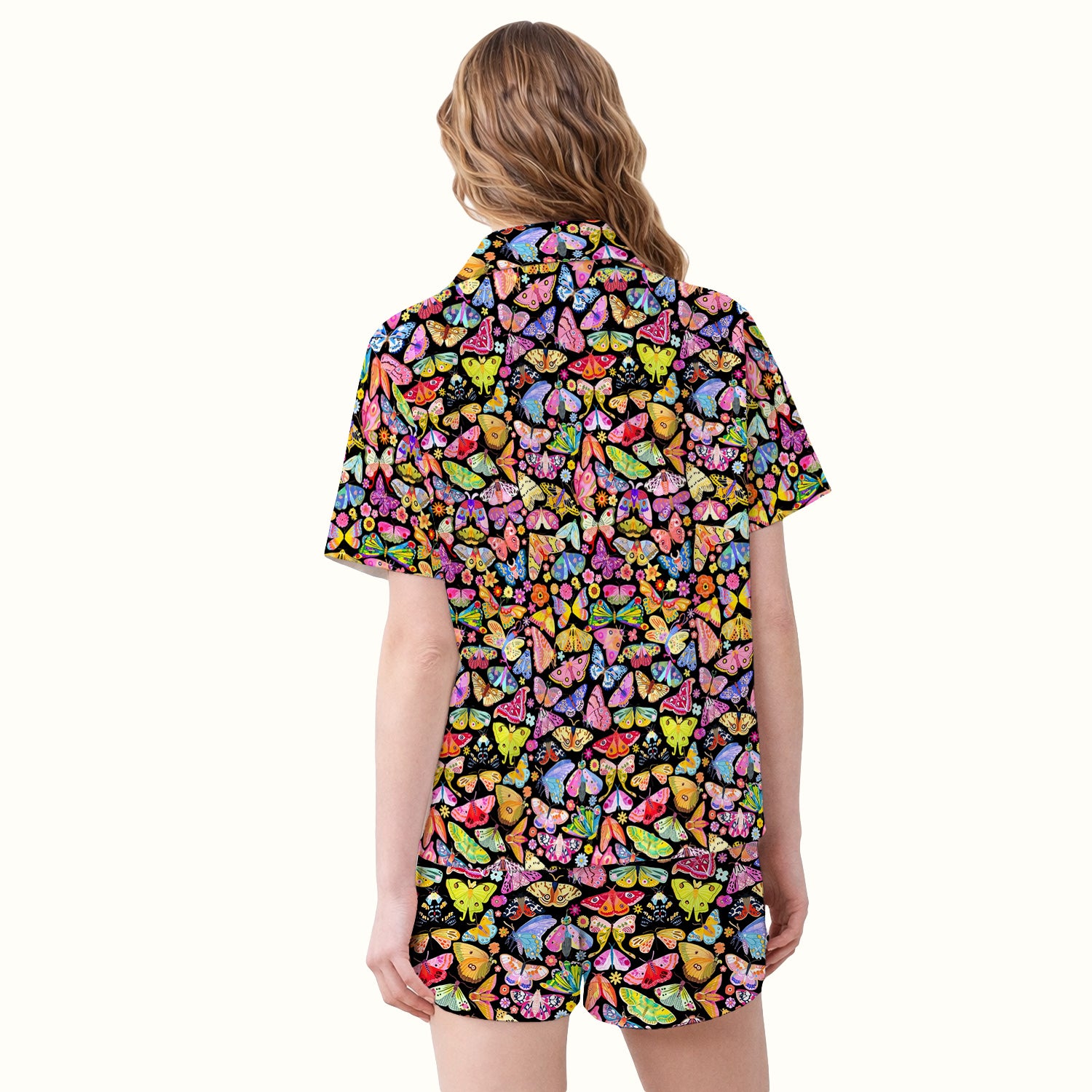 Cute Bright Butterfly Moth Floral Pajama Set, Soft Breathable Fabric Comfortable Sleepwear