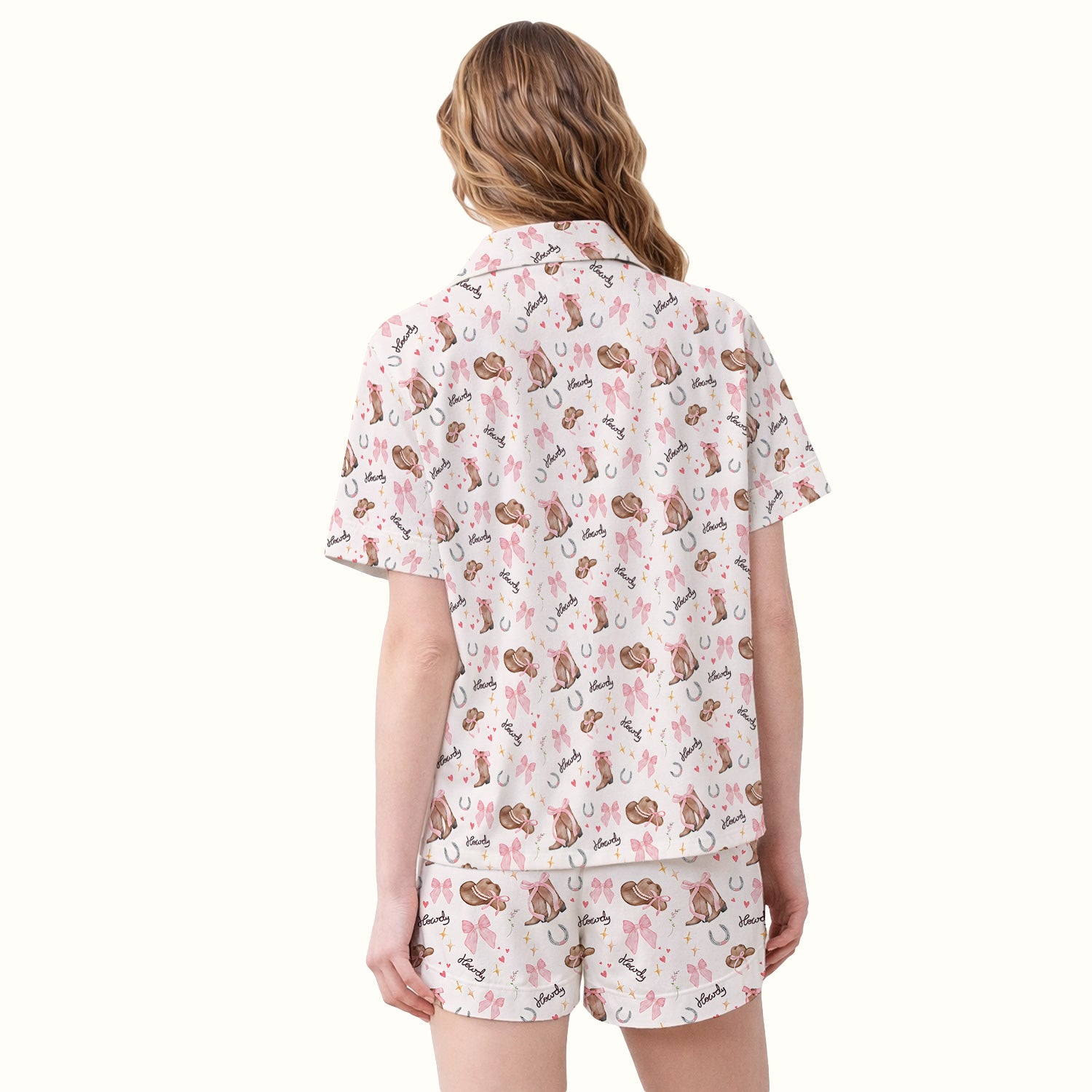 Cute Pink Cowgirl Boots Pattern Pajama Set, Soft Breathable Fabric Comfortable Sleepwear