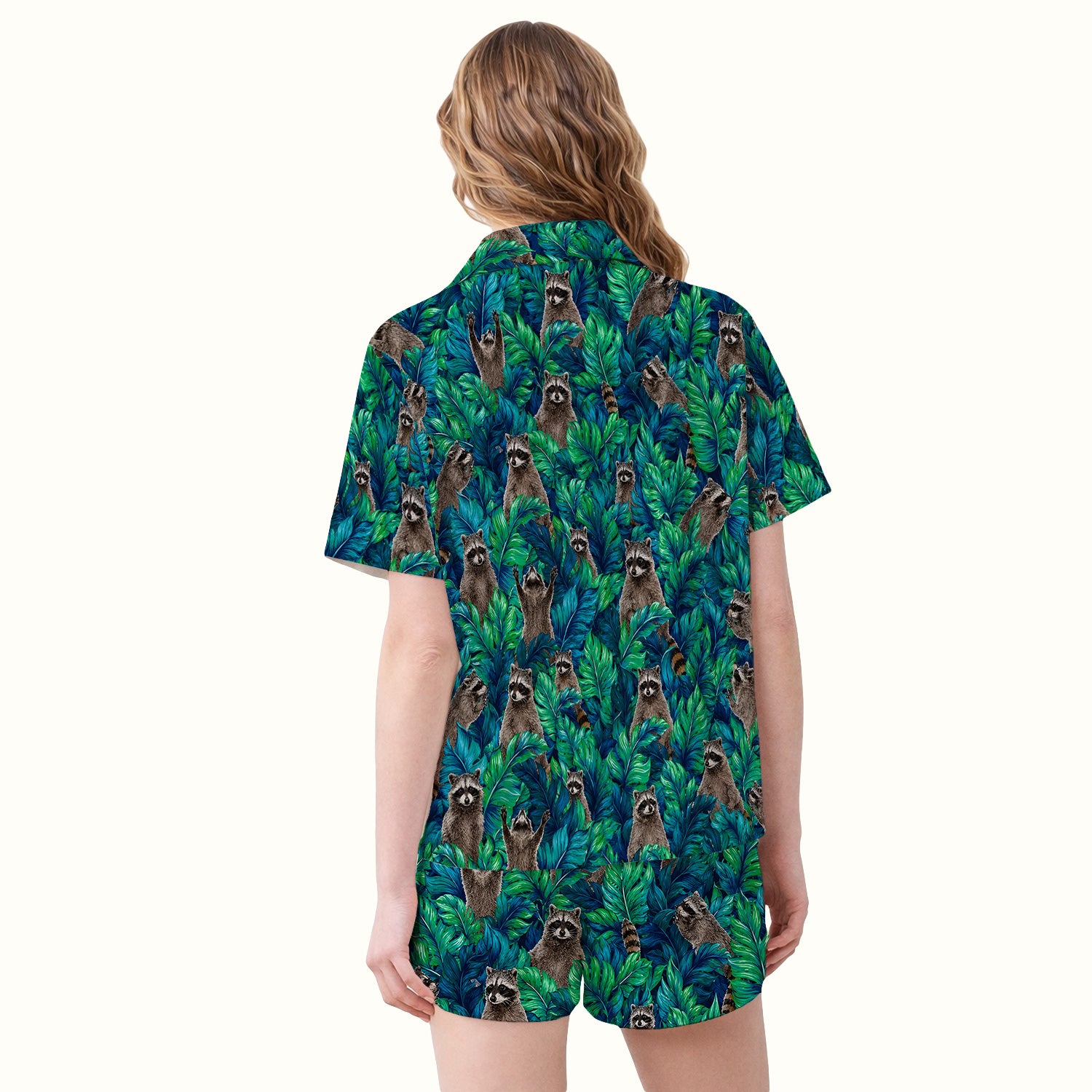 Tropical Raccoon Jungle Leaves Pattern Pajama Set, Soft Breathable Fabric Comfortable Sleepwear