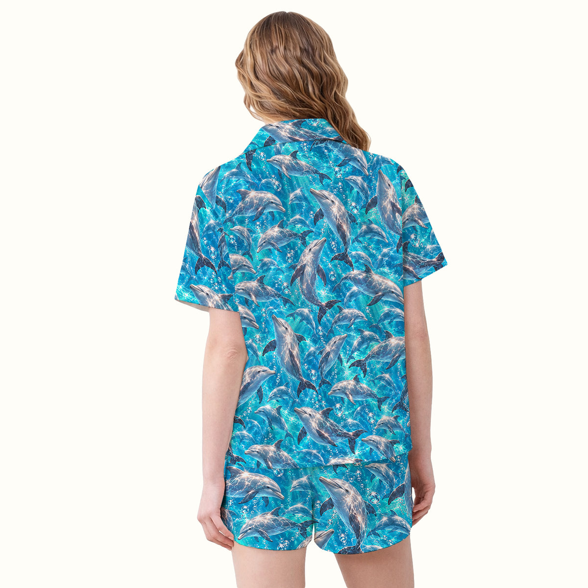 Blue Ocean Dolphin Pattern Pajama Set, Soft Breathable Fabric Comfortable Sleepwear