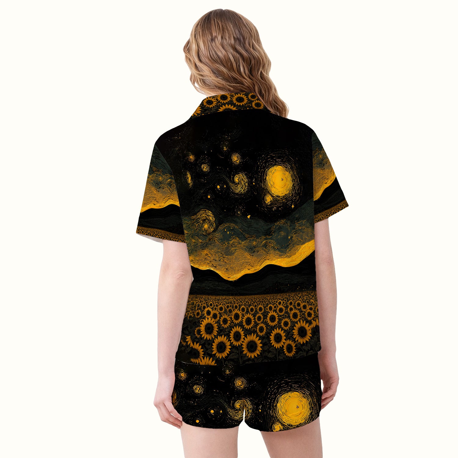 Cute Black Cat Sunflower Night Pattern Pajama Set, Soft Breathable Fabric Comfortable Sleepwear