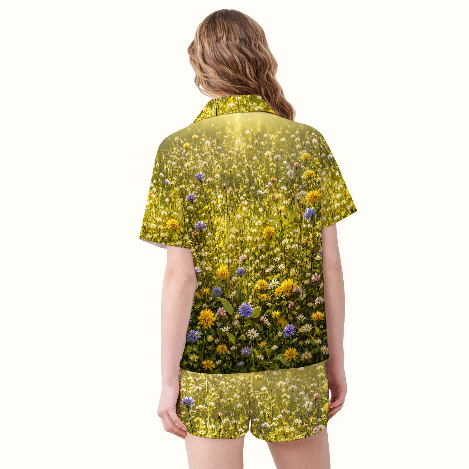 Meadow Raccoon Wildflower Garden Pattern Pajama Set, Soft Breathable Fabric Comfortable Sleepwear