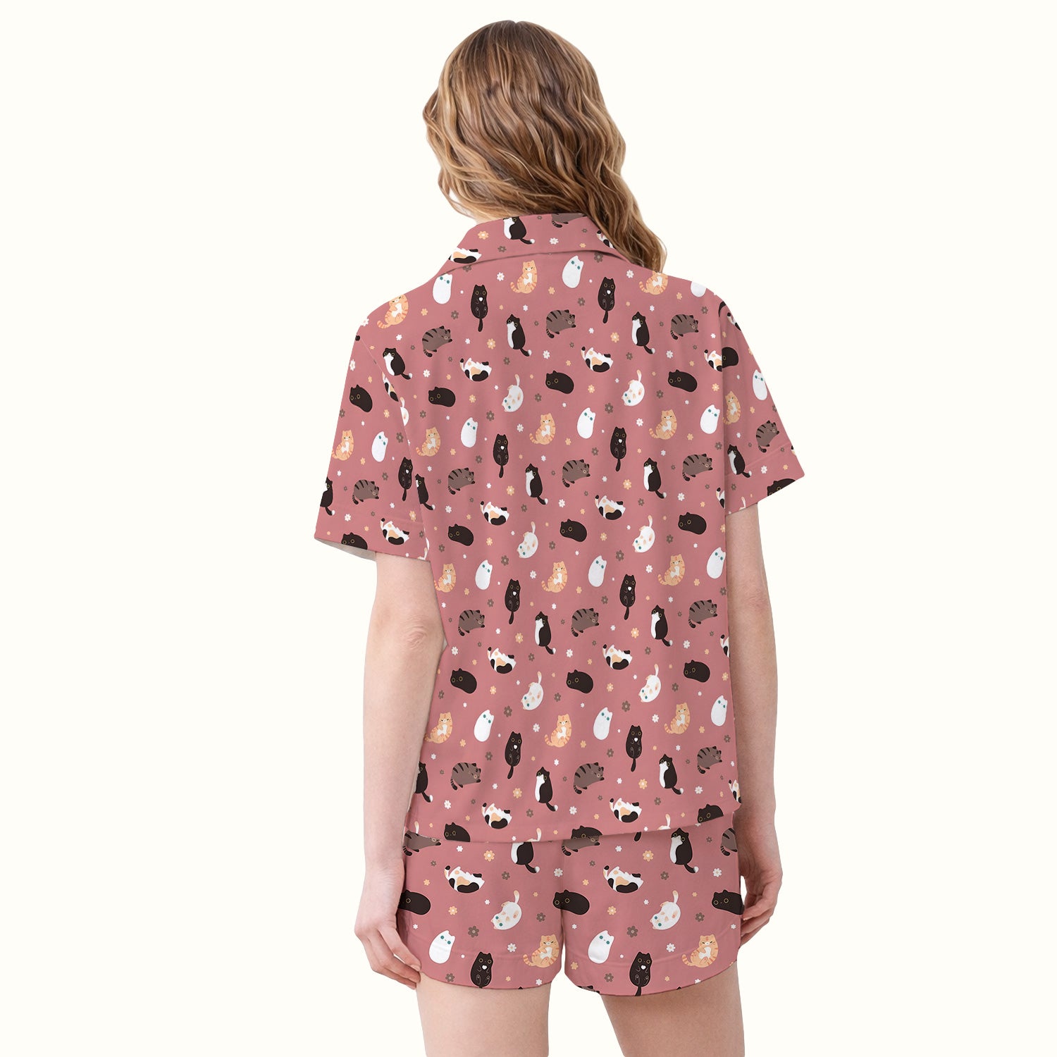 Adorable Kitty Nurse Pattern Pajama Set, Soft Breathable Fabric Comfortable Sleepwear