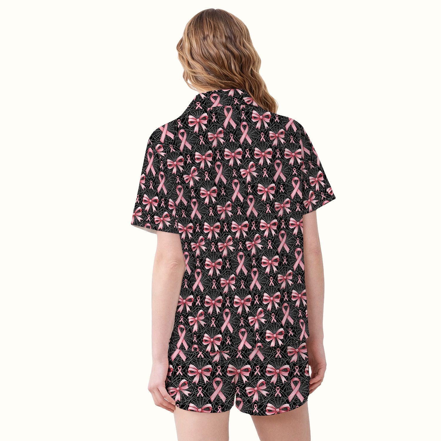 Pink Ribbon Pattern Pajama Set, Soft Breathable Fabric Comfortable Sleepwear