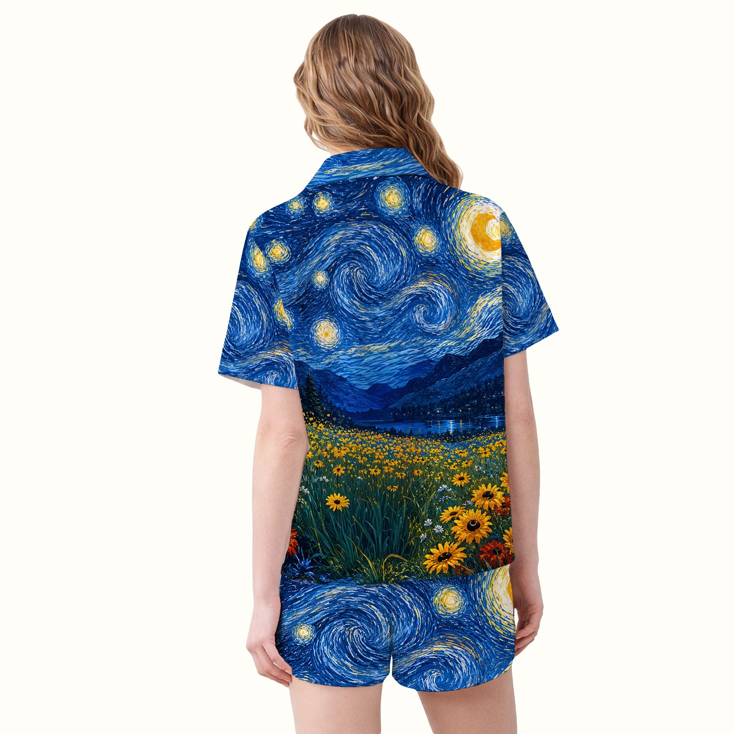 Starry Cat Night Veterinary Nurse Pattern Pajama Set, Soft Breathable Fabric Comfortable Sleepwear