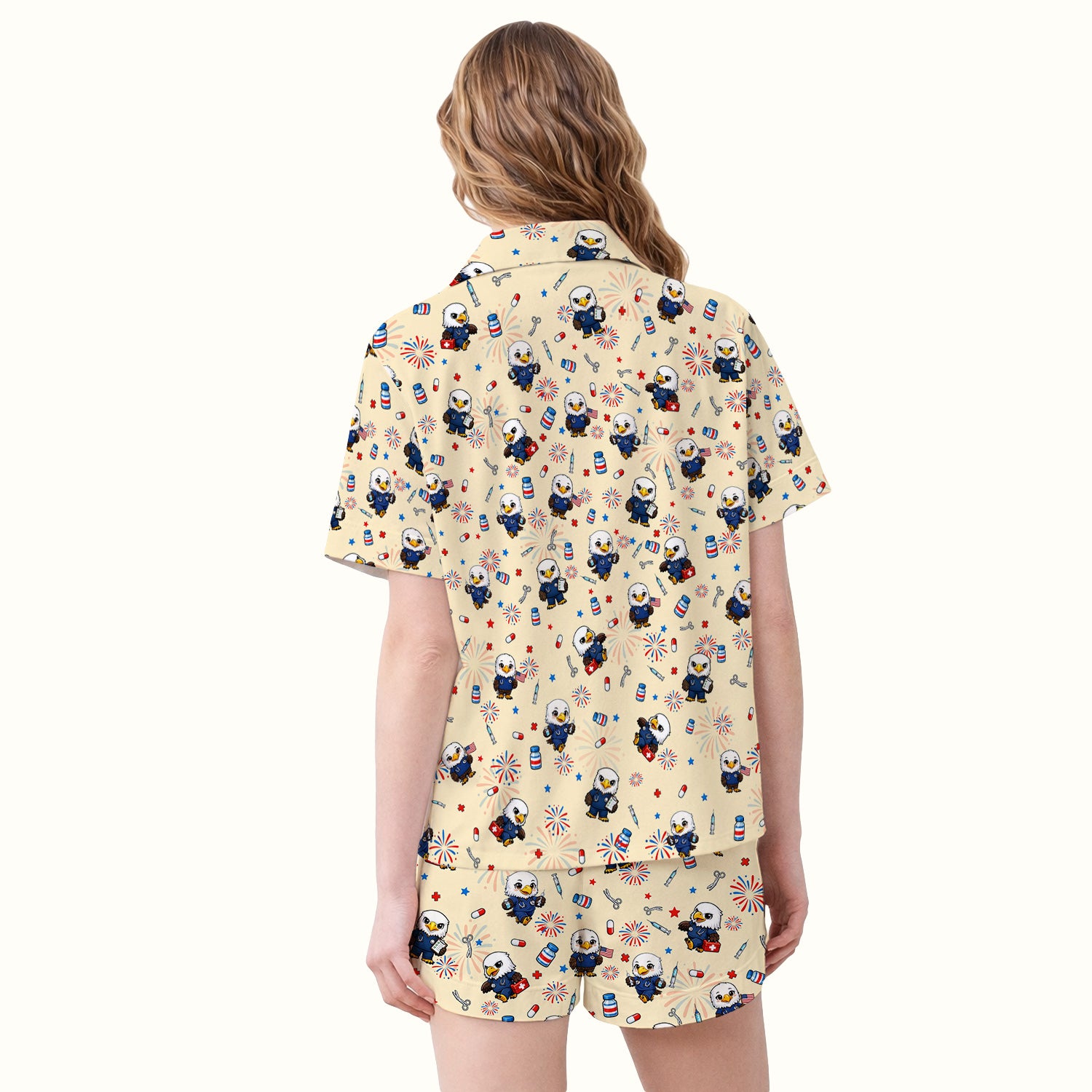 Patriotic Nurse Eagle Fireworks Medical Pattern Pajama Set, Breathable Fabrics Uniform