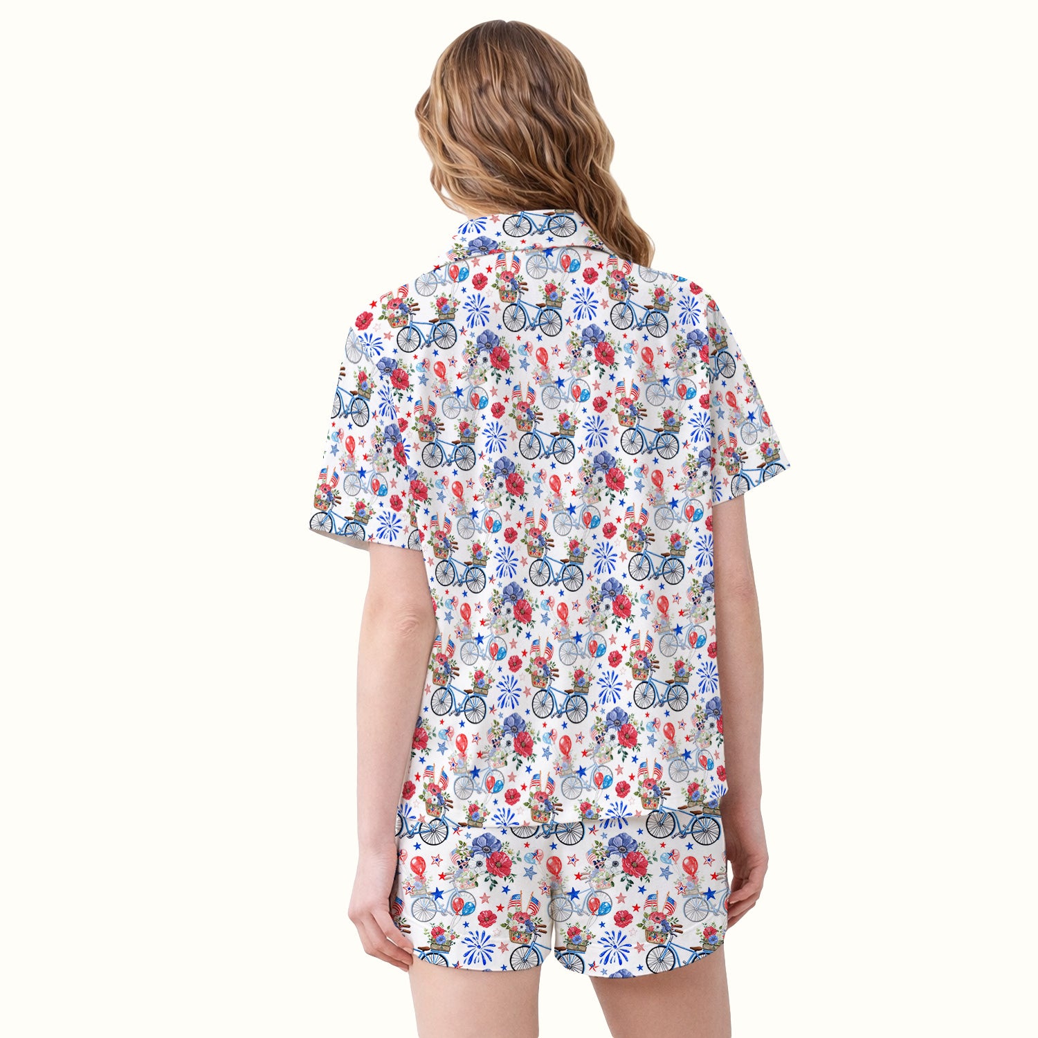 Patriotic Bicycle Floral Fireworks Print Pajama Set, Soft Breathable Fabric Comfortable Sleepwear