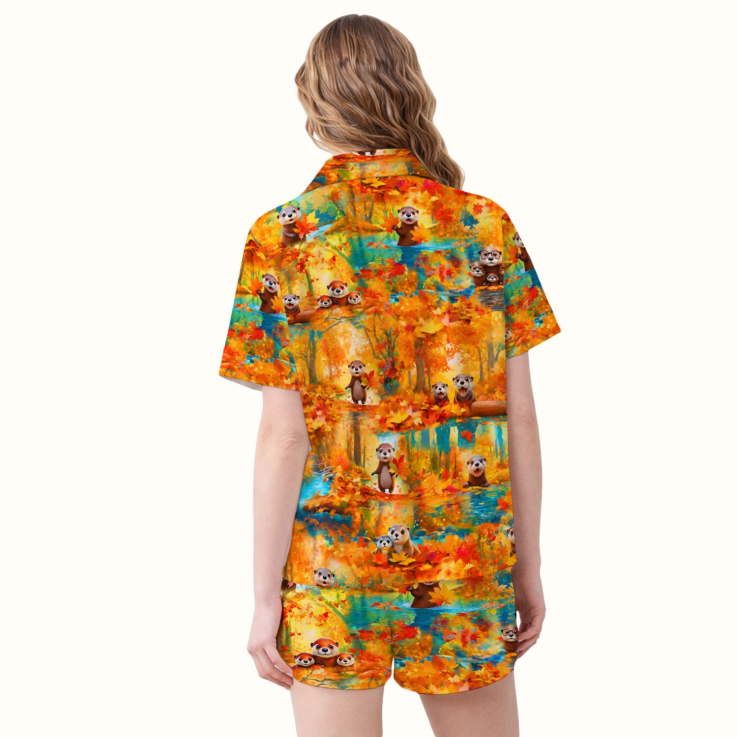 Cute Autumn Otter Leaf Forest Pattern Pajama Set, Soft Breathable Fabric Comfortable Sleepwear