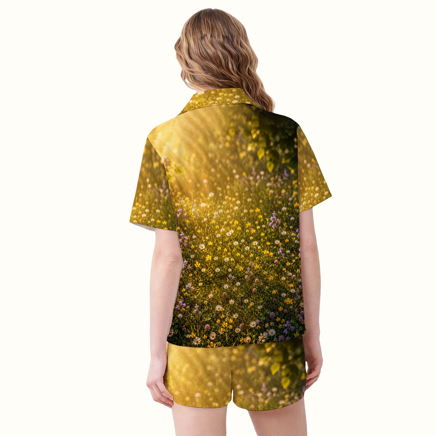 Smiling Raccoon Meadow Flower Pattern Pajama Set, Soft Breathable Fabric Comfortable Sleepwear